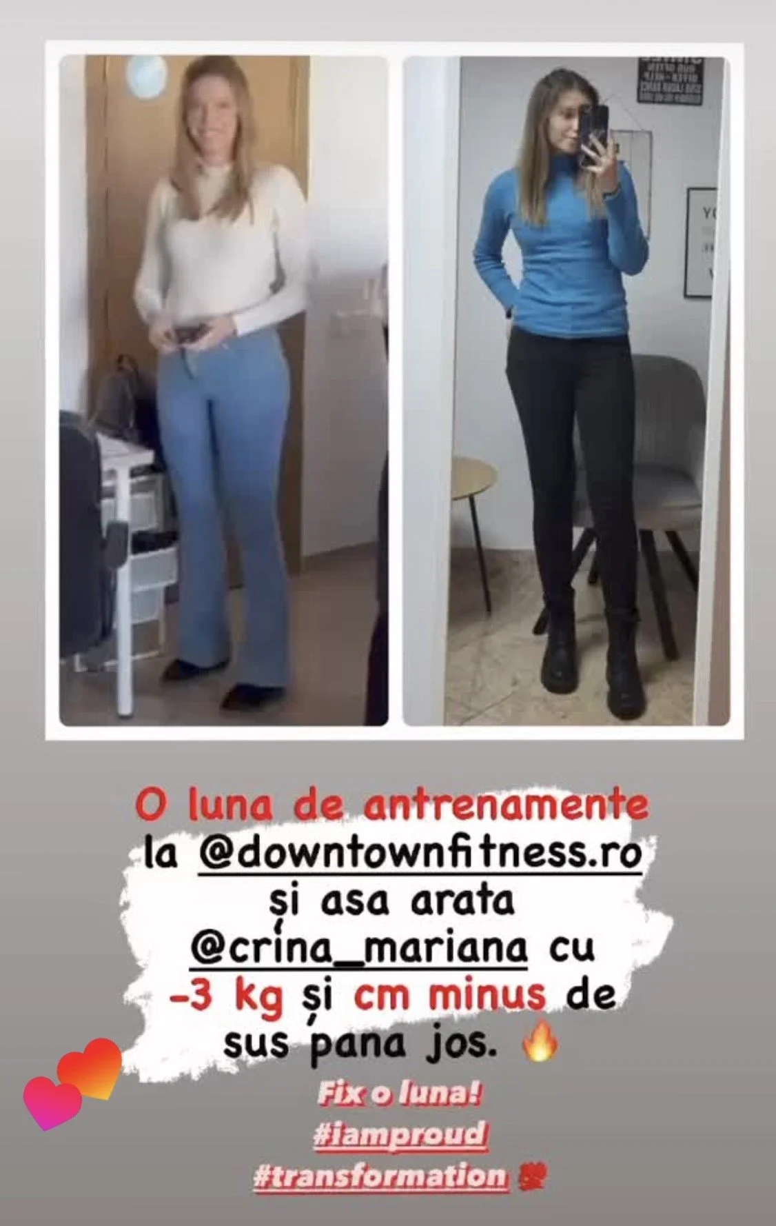 Side-by-side photos of a woman showing before and after weight loss progression, with text in Spanish about a fitness journey.