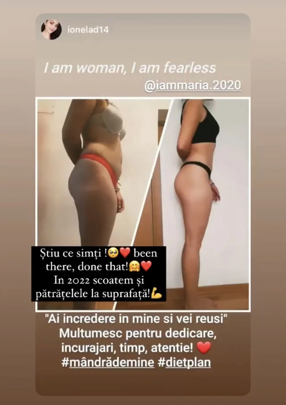 Before and after photos showing a woman's weight loss transformation, with text celebrating her progress.