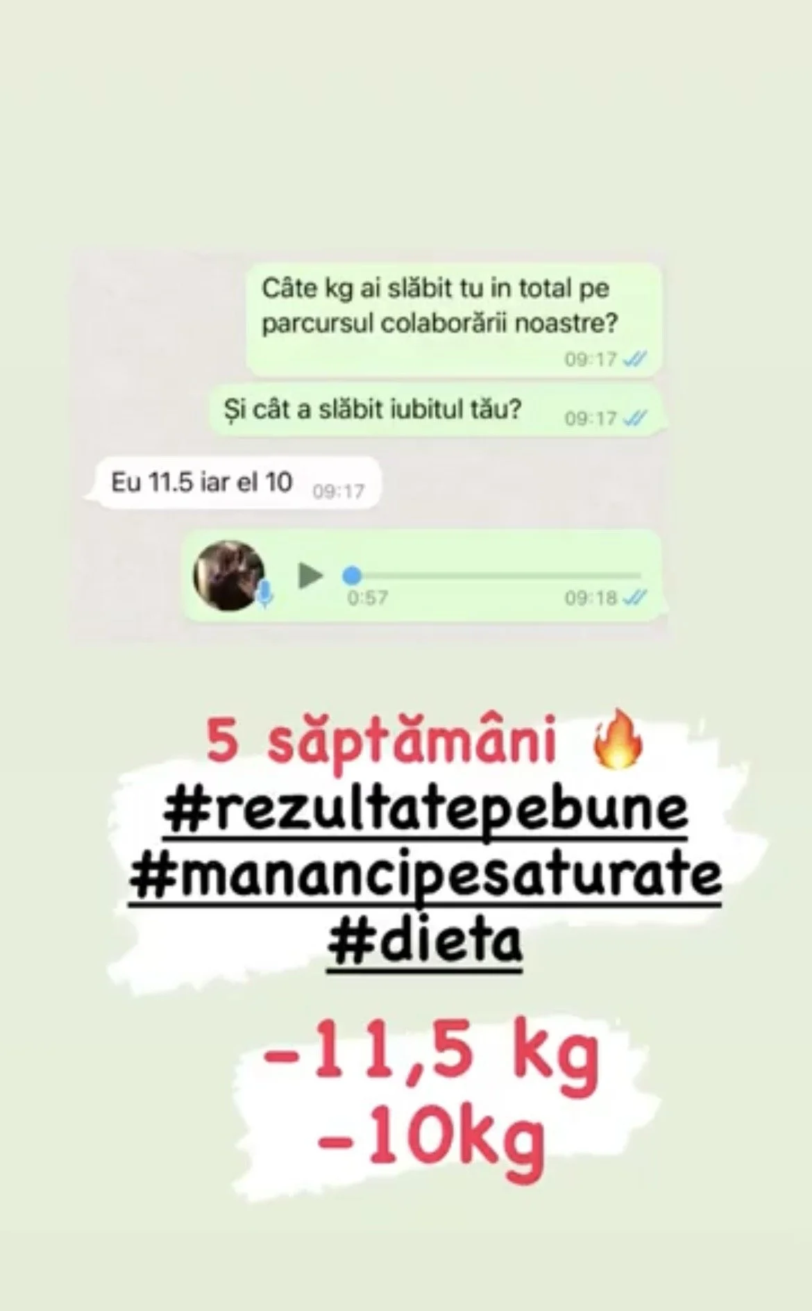 WhatsApp chat screenshot discussing weight loss progress and results, highlighting a 5-week period with a loss of 11.5 kg or 10 kg, along with hashtags #rezultatepebune, #manancipesaturate, and #dieta.