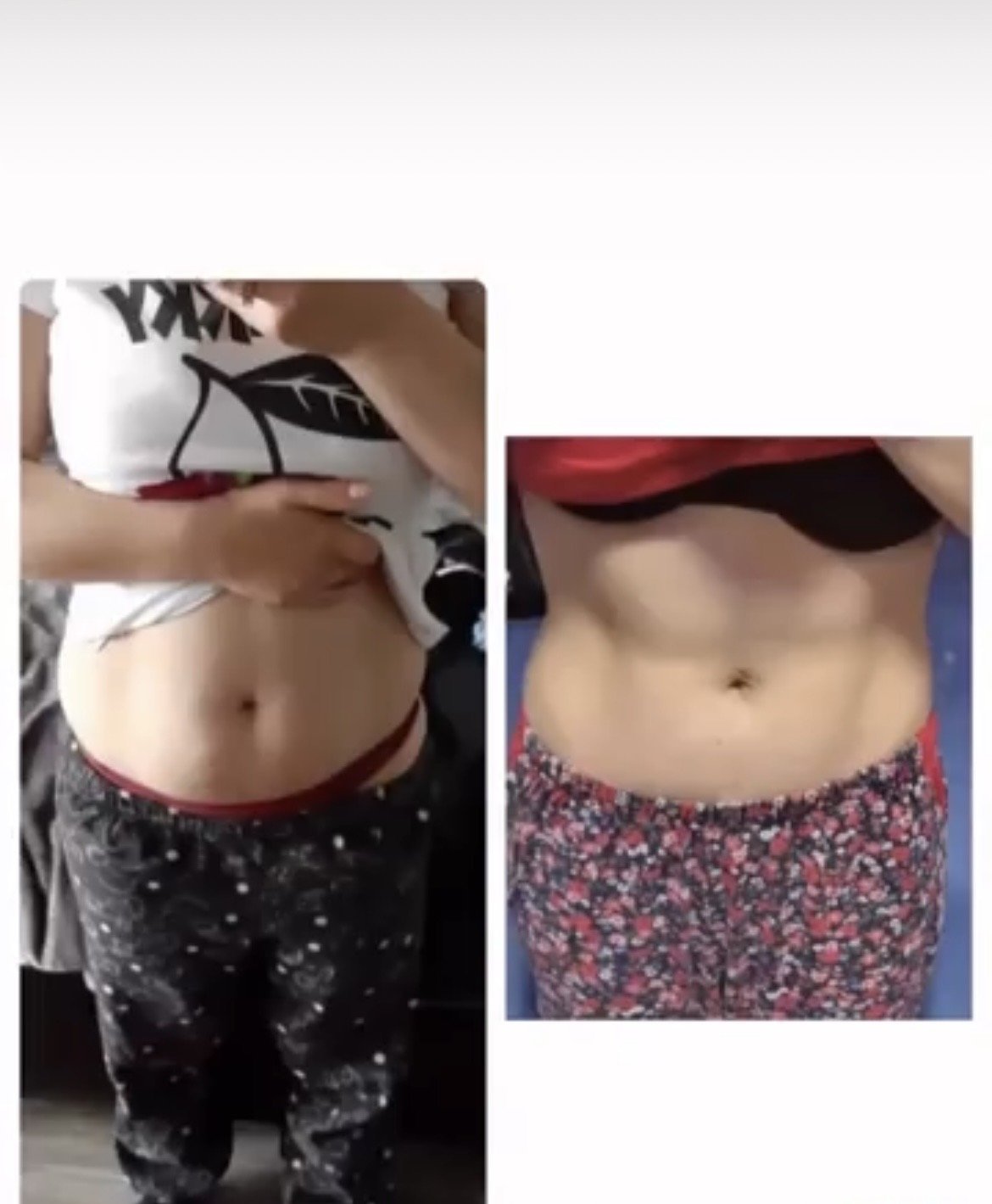 Comparison of a person's midsection before and after workout, showing abdominal area.