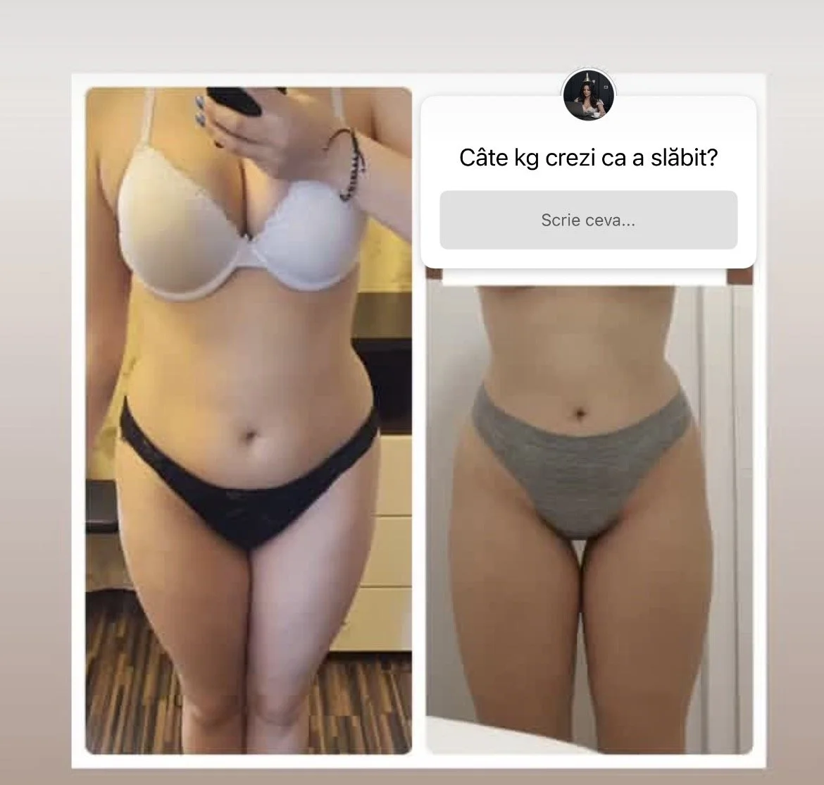Comparison of two women's midsection before and after weight loss, with a question in Romanian asking about weight loss, and a response box.