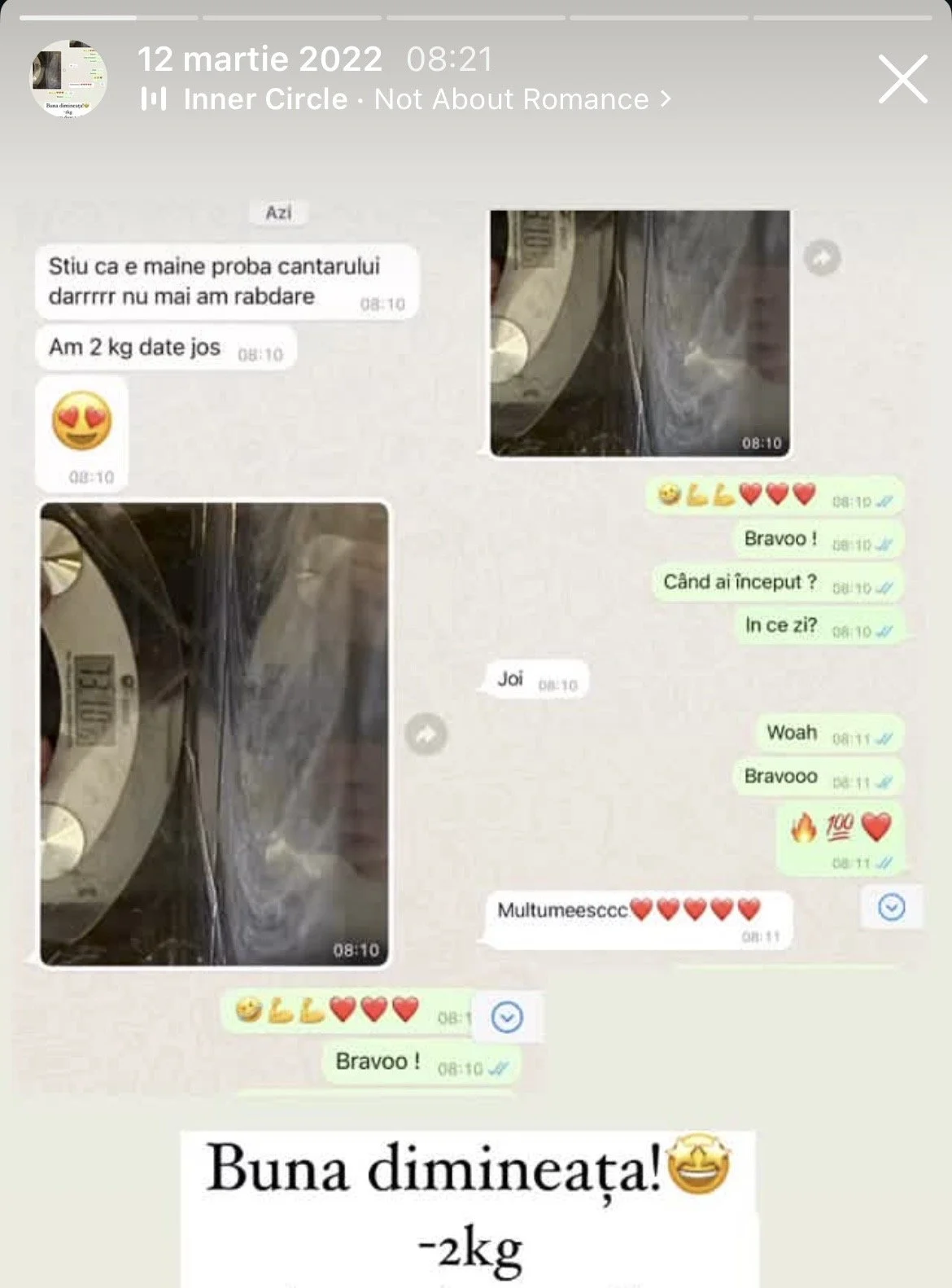 WhatsApp chat conversation with photos of a food package and messages congratulating the delivery of 2 kilograms of a product. The chat includes expressions of happiness and gratitude.
