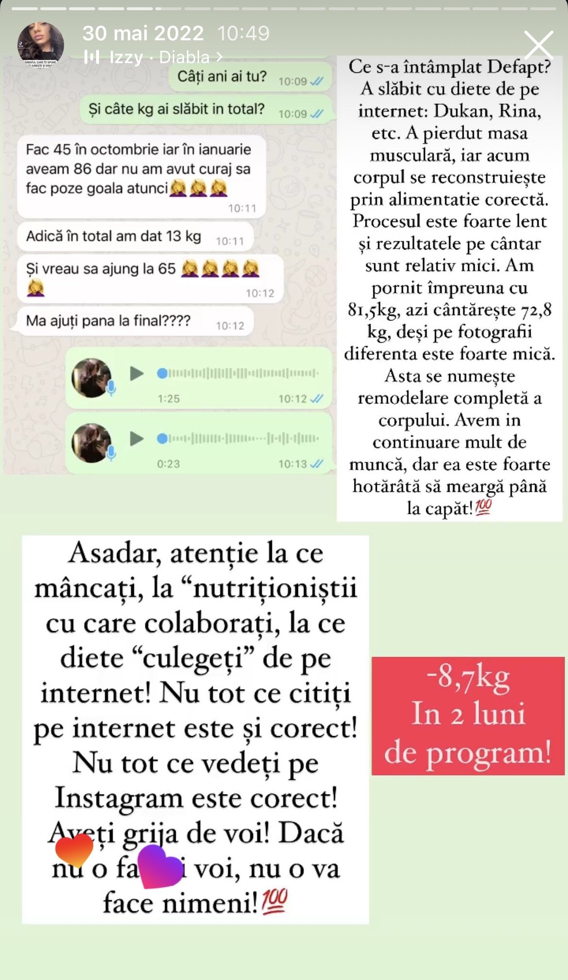 A screenshot of a chat conversation and a written message, both discussing weight loss progress, nutrition tips, and encouraging words. The messages include emojis, voice recordings, and colored text highlights, with one section emphasizing losing 8.