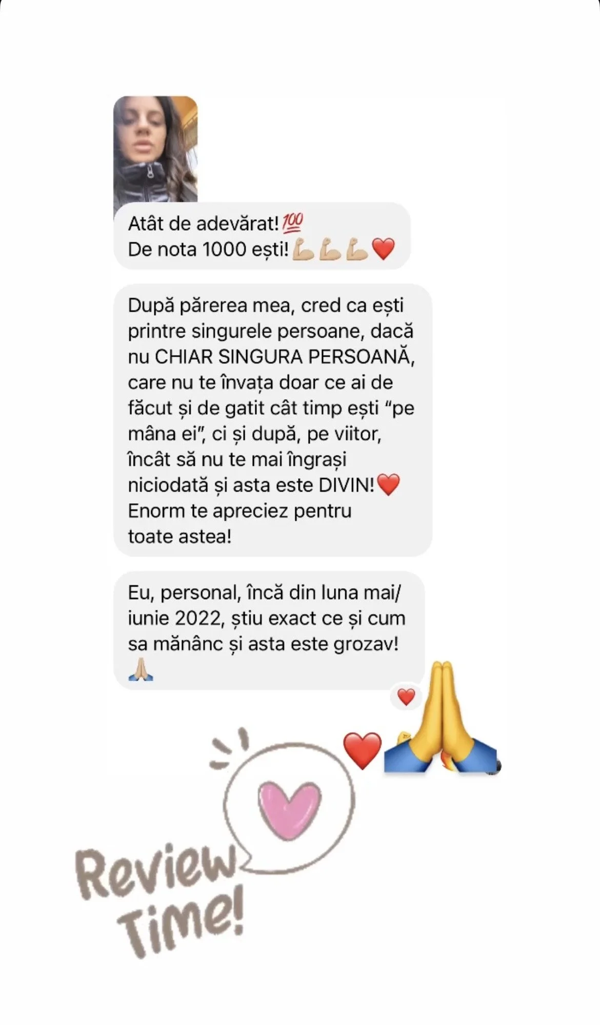 A screenshot of a chat conversation in Romanian with emojis, a photo of a young woman in the top left corner, and decorative emojis at the bottom including a pink heart in a speech bubble, red hearts, praying hands, and a message that says "Review Ti