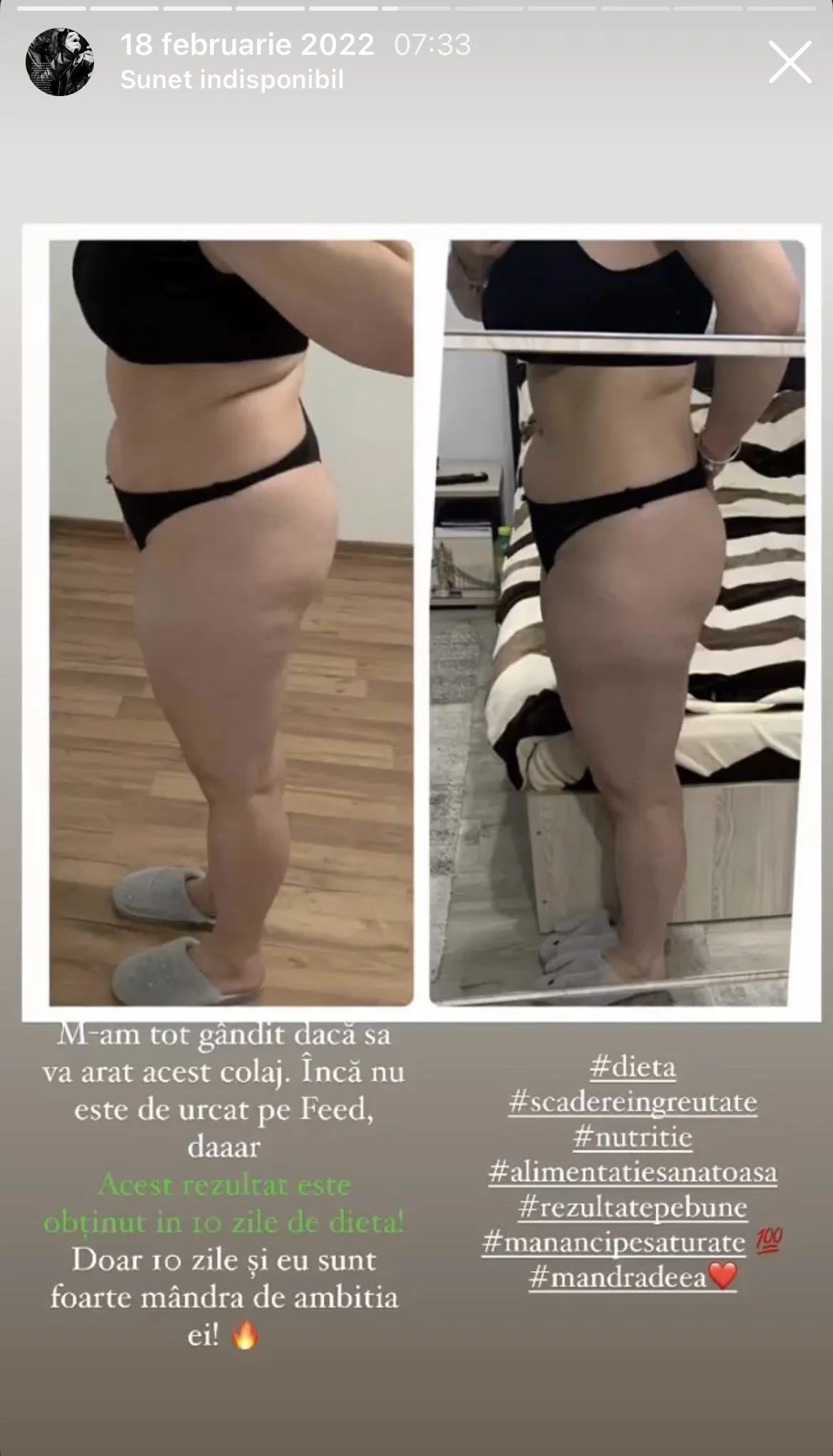 Side-by-side comparison of a woman's body before and after 10 days of dieting, showing weight loss and body transformation, with motivational text in Romanian.