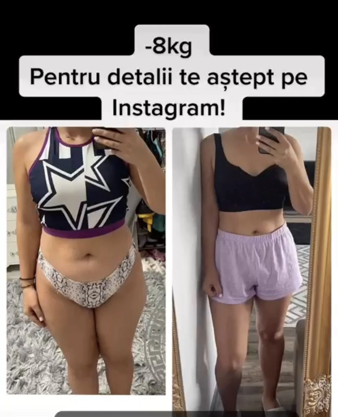 Side-by-side before and after photos of a woman showing weight loss, with text in Romanian about an 8kg loss and inviting viewers to follow on Instagram.