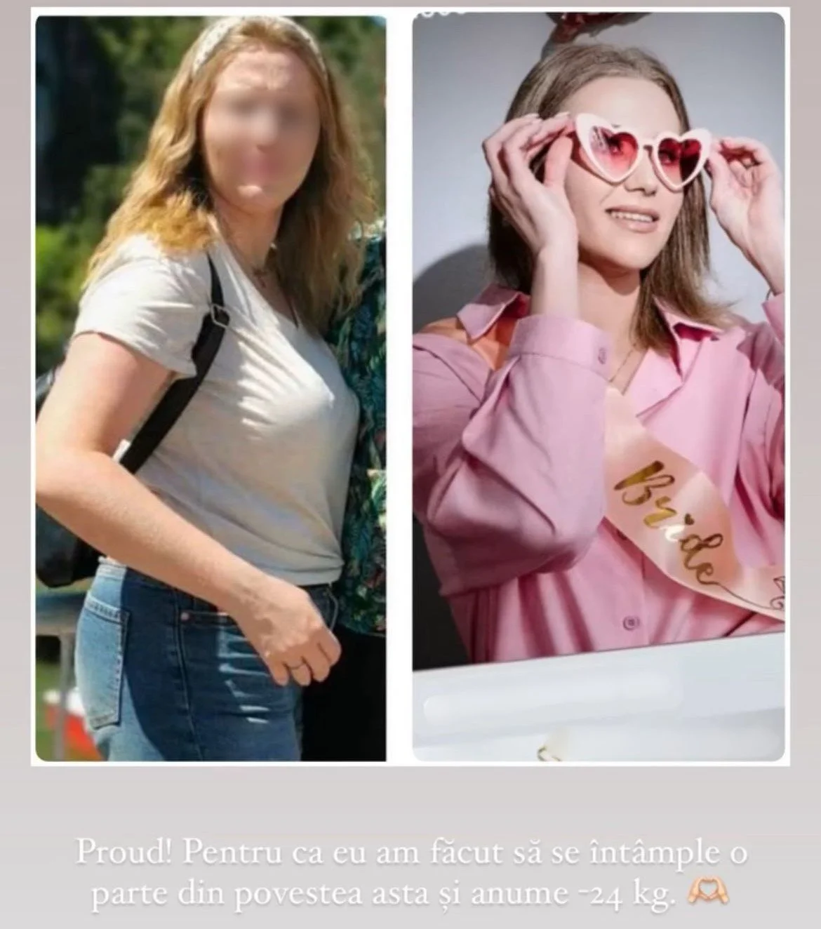 Side-by-side photos of the same woman: on the left, she has long blonde hair, wears a white t-shirt and blue jeans, and is outdoors; on the right, she has shorter hair, wears pink heart-shaped sunglasses, a pink shirt, and a sash that says "Bride," and is indoors.