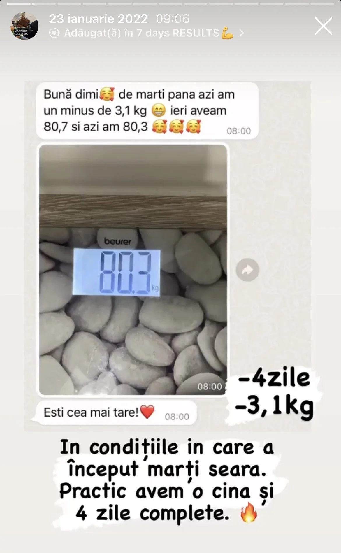 Screenshot of a message in Romanian showing a weight loss progress update. A digital scale displays 80.3 kg, with stones and pebbles surrounding it. The message states a weight loss of 3.1 kg over four days, with a before weight of 83.4 kg and an aft