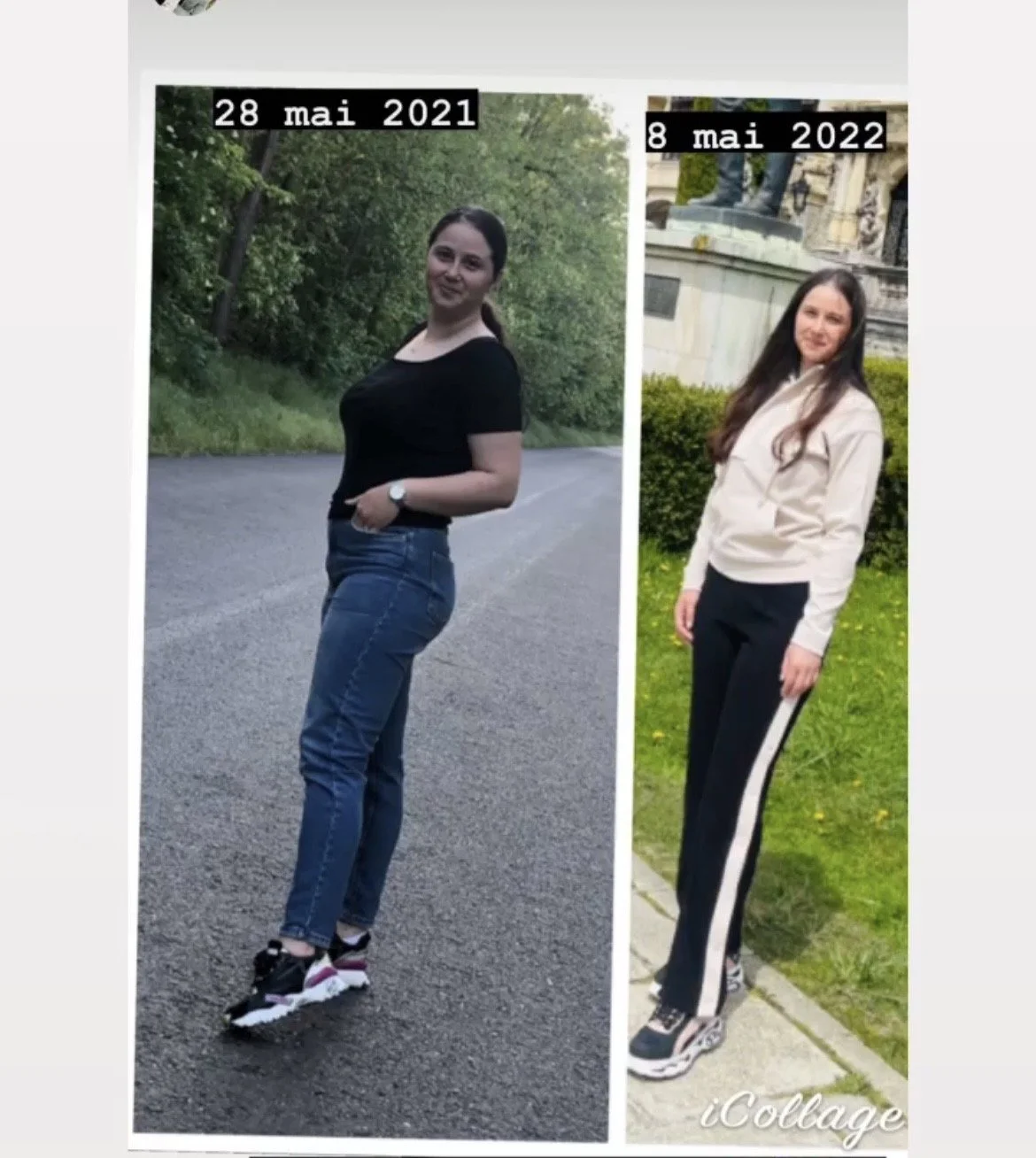 Side-by-side comparison of a woman in two different outfits and settings, with dates 28 May 2021 and 8 May 2022 labeled at the top of each photo.