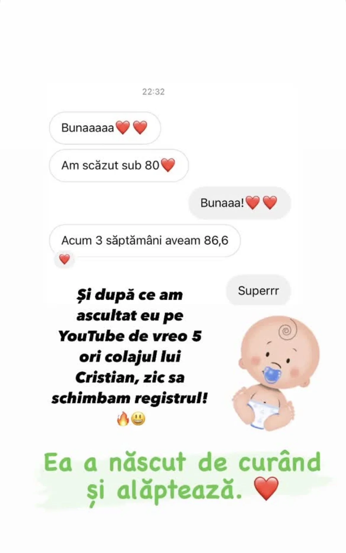 Screen shot of a chat conversation with hearts, mention of weight loss, and a cute illustration of a baby with a pacifier, accompanied by Romanian text about a healthy baby born from a healthy mother.