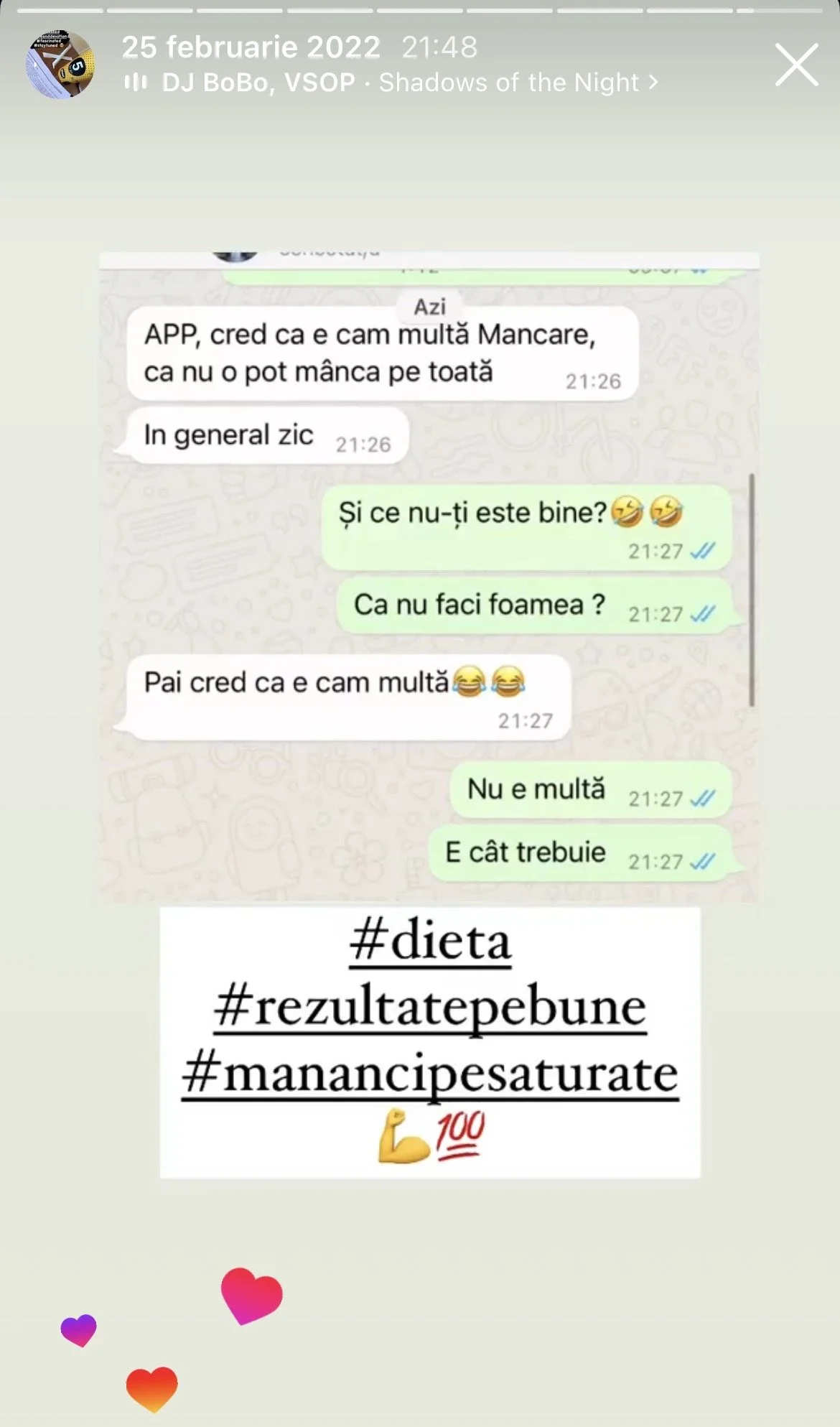 Screenshots of a WhatsApp conversation discussing diet and health, with hashtags emphasizing diet results, good outcomes, and healthy excesss, along with muscle and heart emojis.