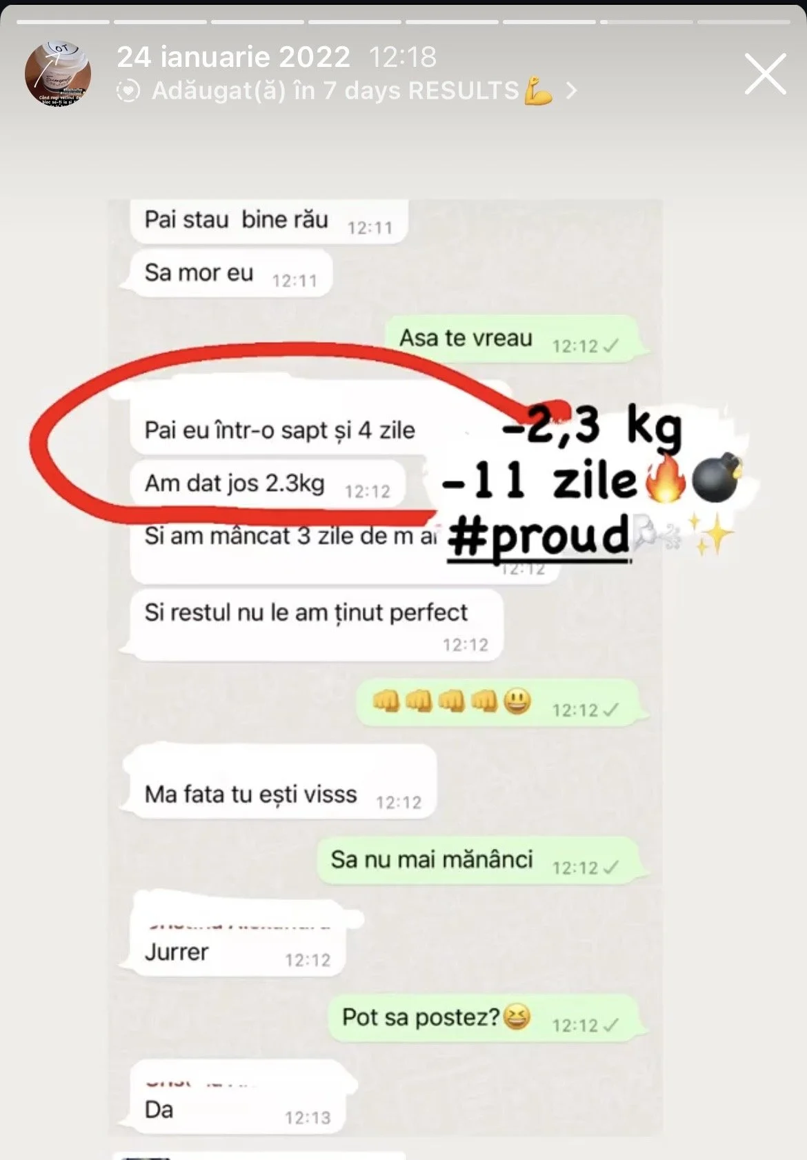 Screenshot of a WhatsApp conversation in Romanian about weight loss progress, showing a person who lost 2.3 kilograms over 11 days.