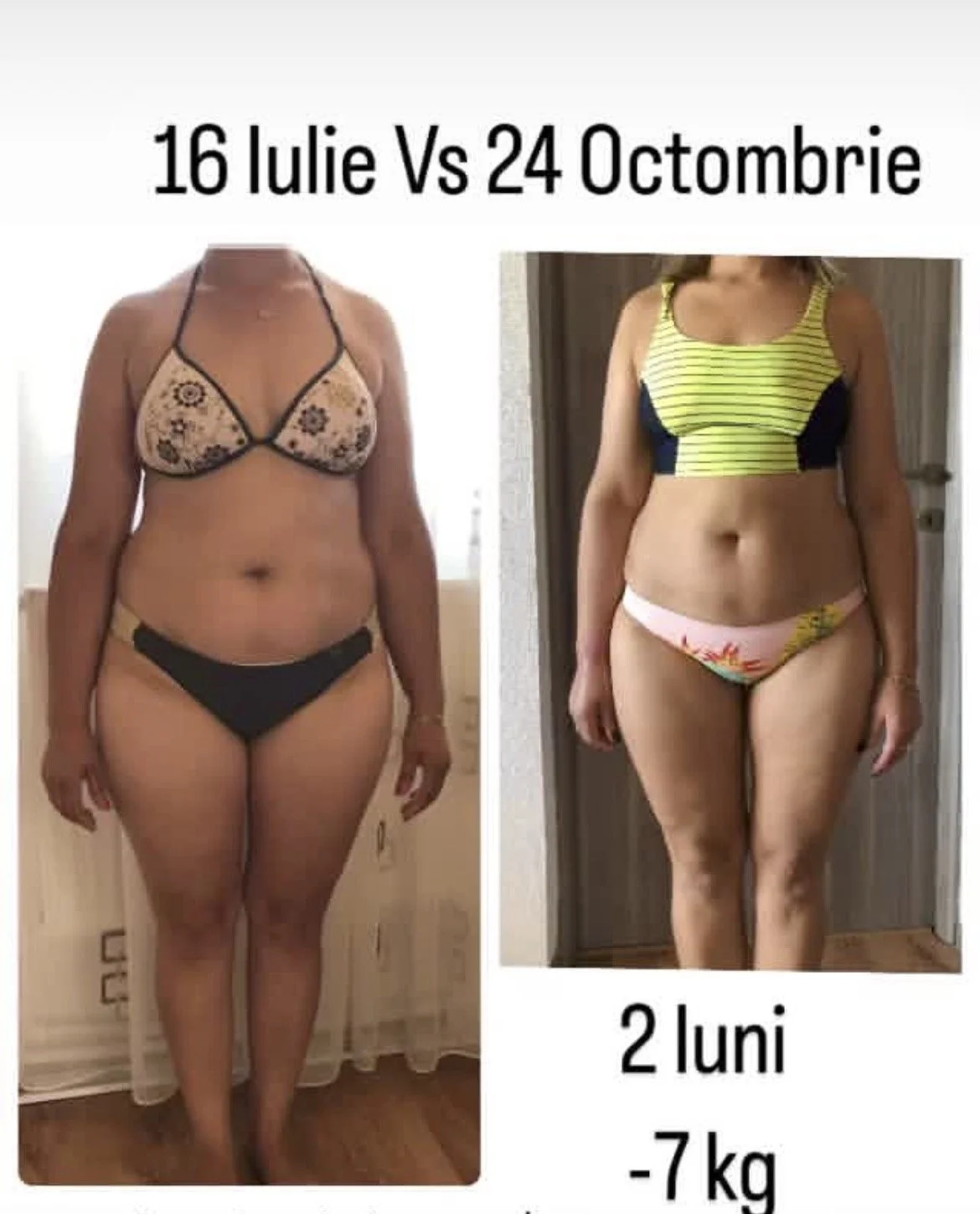 Side-by-side photos showing a woman's weight loss progress over two months, with a caption indicating the dates, 16 July and 24 October, and a weight loss of 7 kilograms.