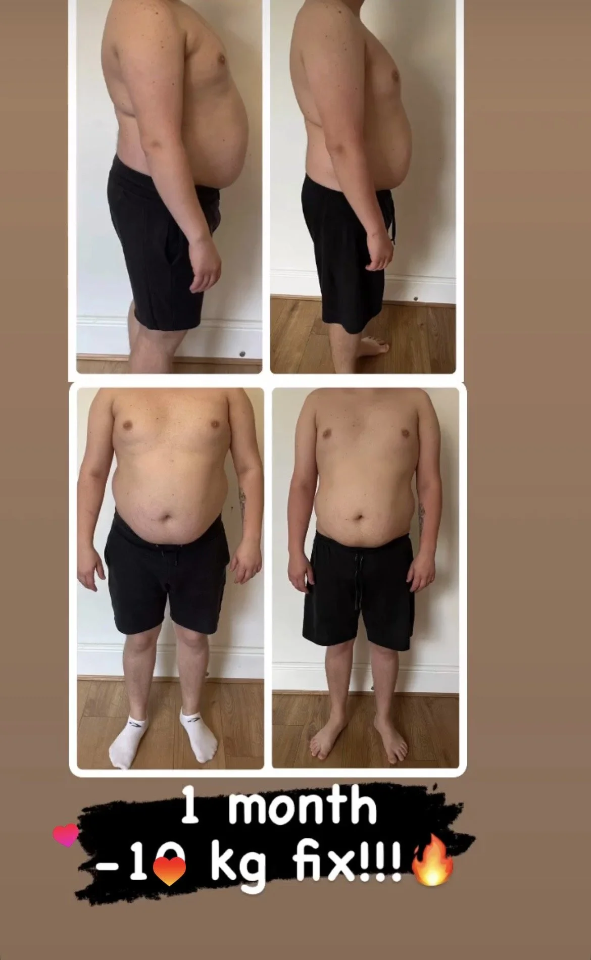 Before and after photos showing weight loss progress over one month with a 10 kg reduction, featuring side and front views of a man in black shorts.