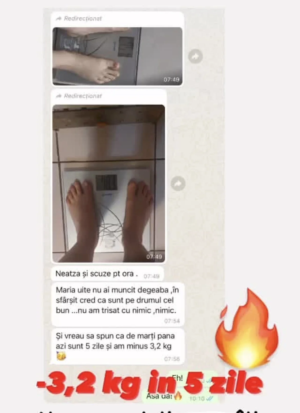 A WhatsApp conversation showing two images of a person standing on a weighing scale, with texts in Romanian about weight loss, indicating a loss of 3.2 kilograms over five days.