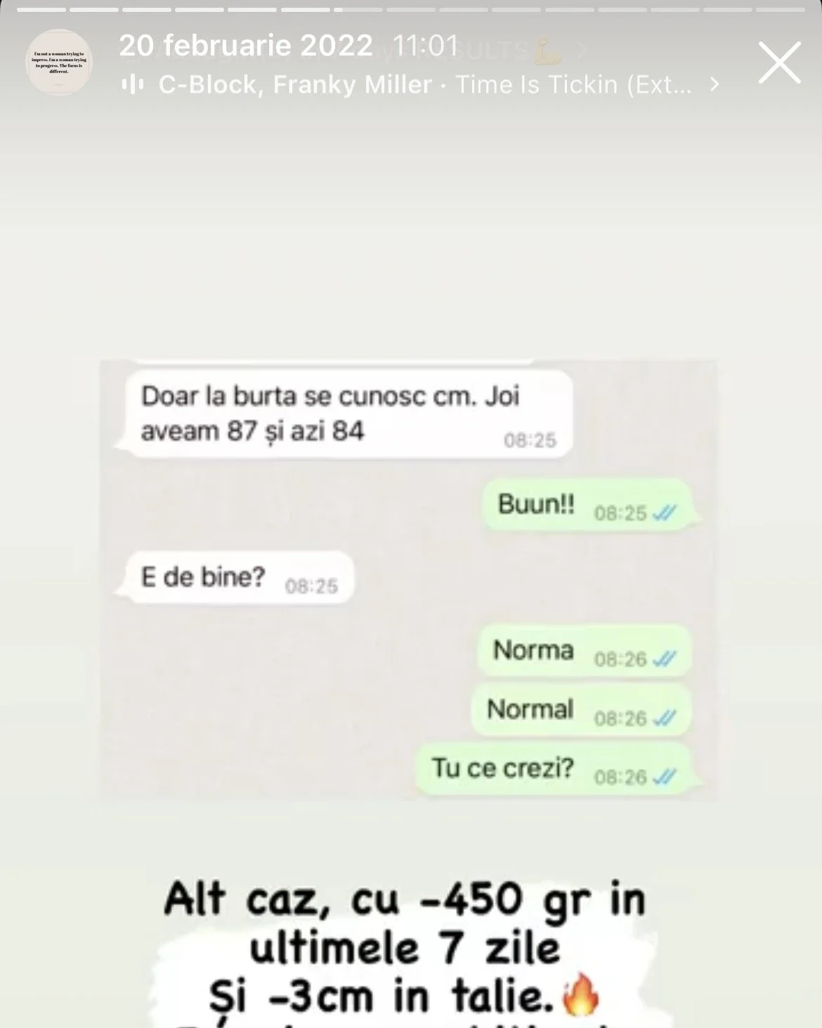 A screenshot of a WhatsApp conversation in Romanian discussing body measurements, with a note at the bottom mentioning a case with 450 grams over the last 7 days and 3 cm in size increase, accompanied by a fire emoji.