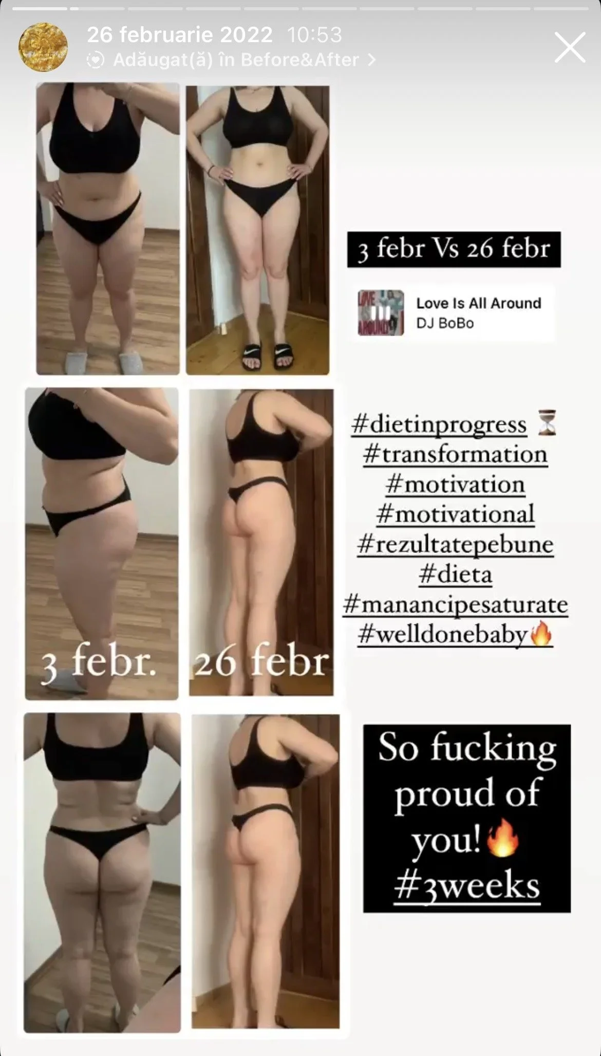 Side-by-side comparison of a woman's fitness transformation over three weeks, showing progress from February 3rd to February 26th, with additional photos highlighting weight loss and muscle tone improvements.