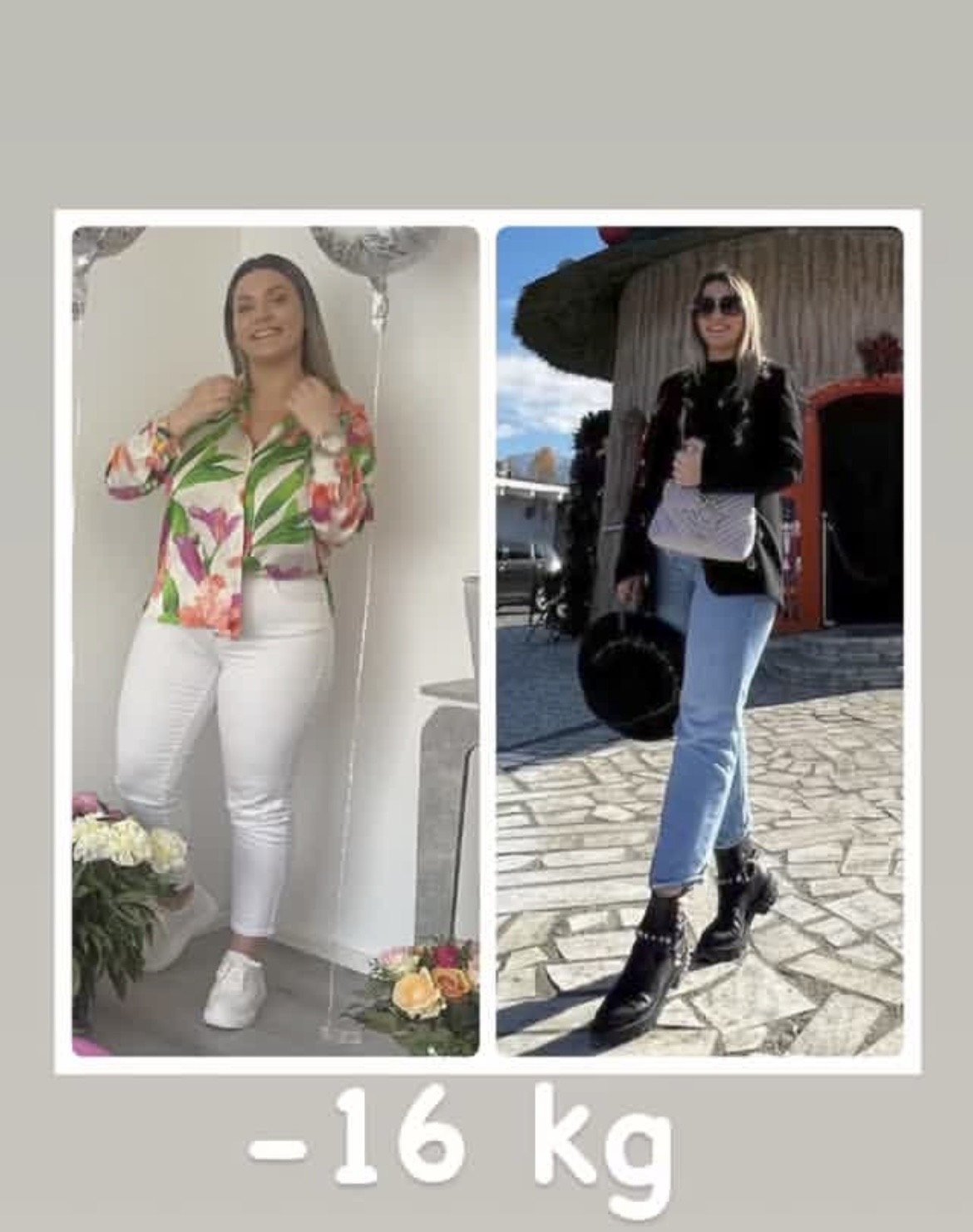 Comparison of a woman before and after losing 16 kilograms, showing her weight loss transformation.