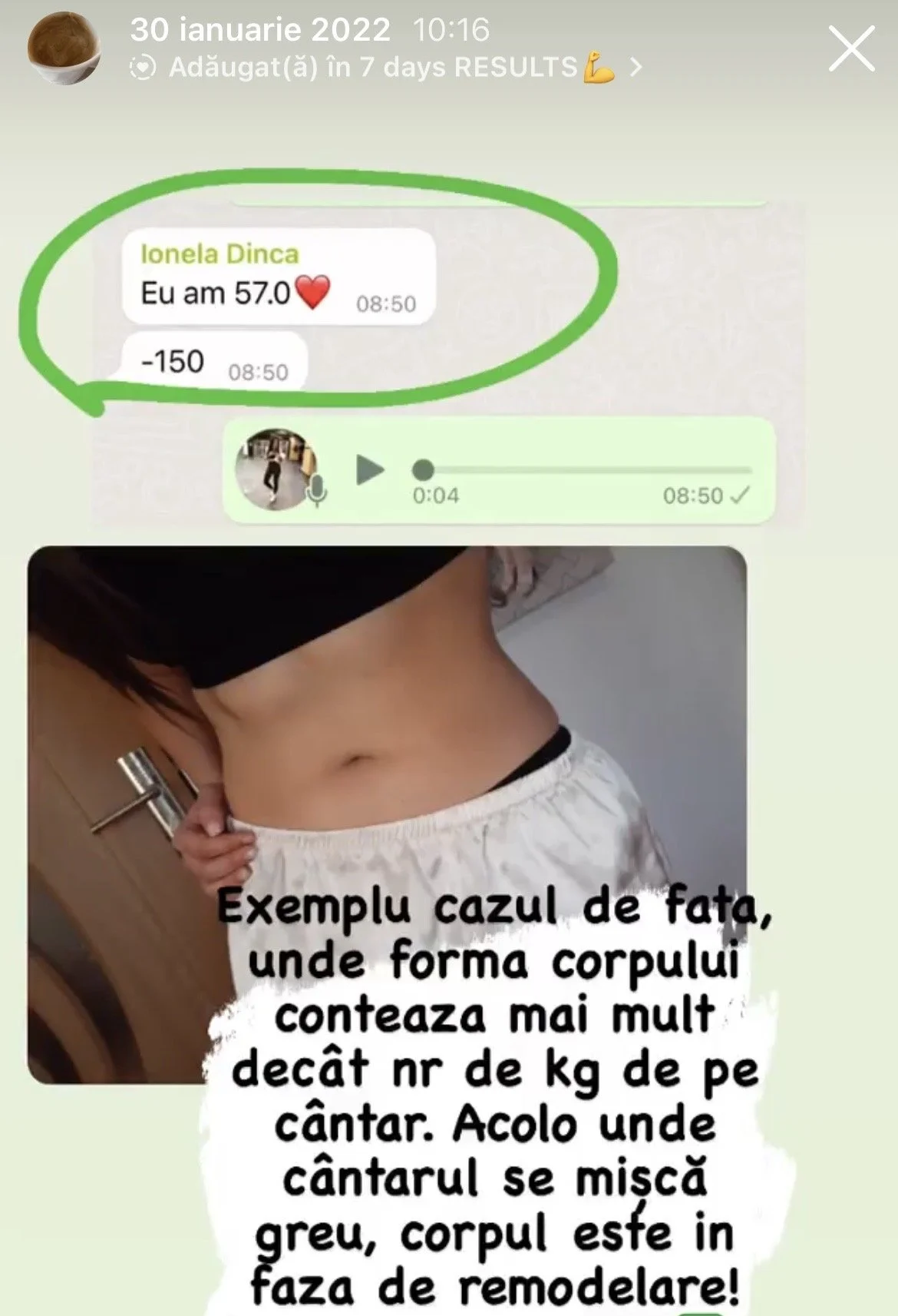 A WhatsApp chat shows weight tracking data with a message that says 'Eu am 57.0', a photo of a person's midsection focusing on their waist, and a Romanian caption about body shape and weight loss highlighting the importance of body remodeling.