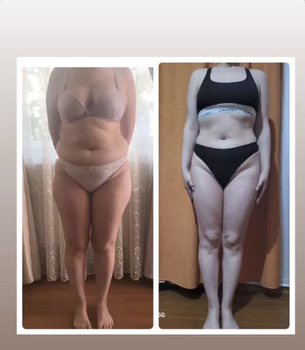 Side-by-side comparison of a woman's body before and after weight loss, showing change in body shape and size.