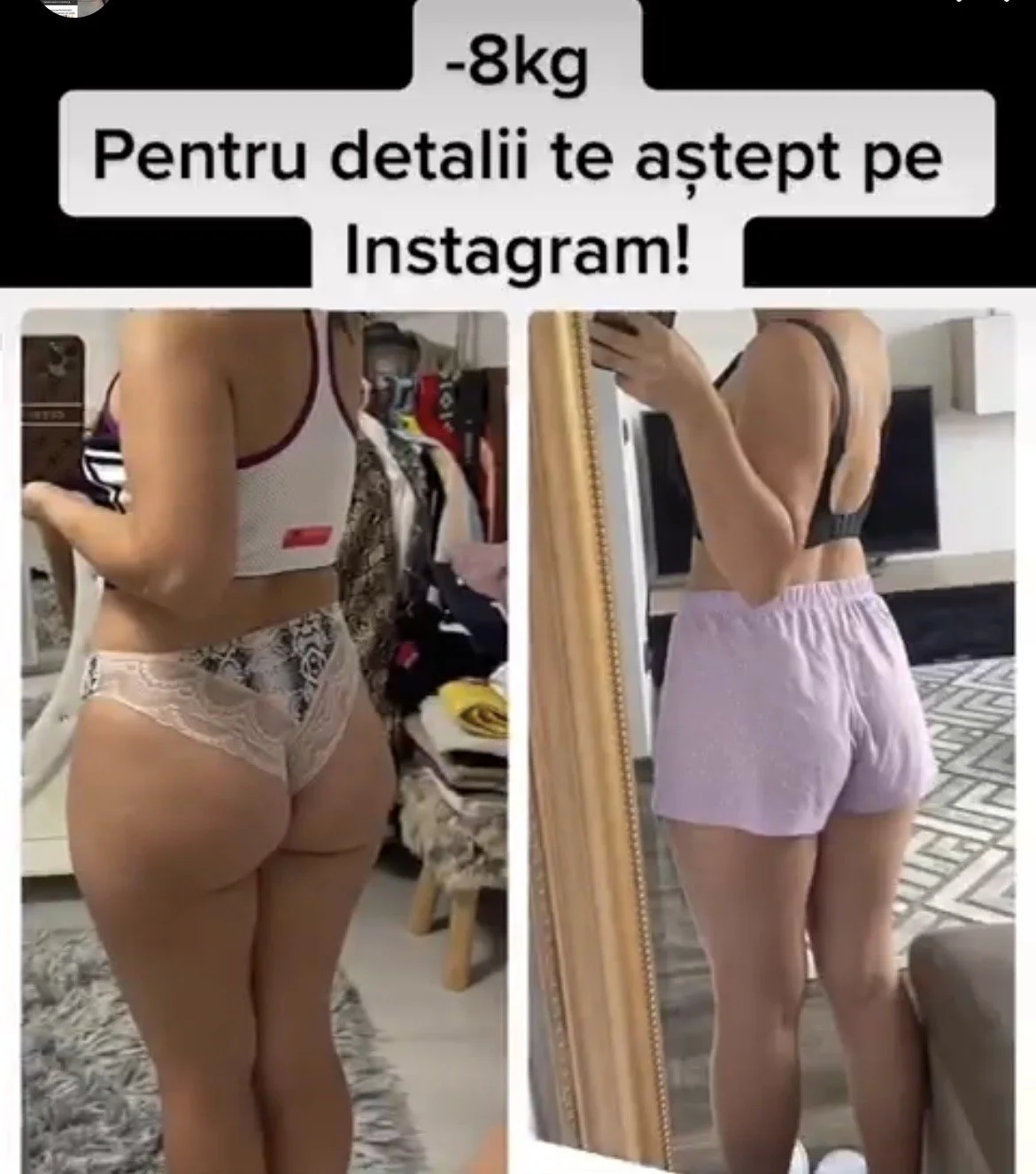 Side-by-side photos of a woman in underwear and shorts, showing before and after a weight loss of 8kg, as part of an Instagram announcement.