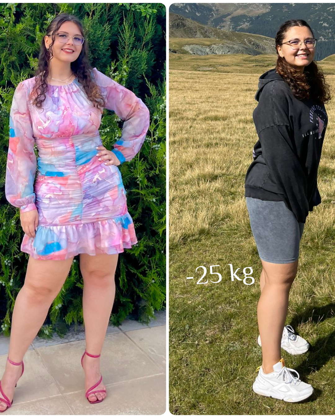 Side-by-side photos of a woman; on the left, she is wearing a pink, purple, and blue patterned dress with pink heels, standing outdoors with greenery in the background; on the right, she is wearing a black hoodie, gray shorts, and white sneakers, sta