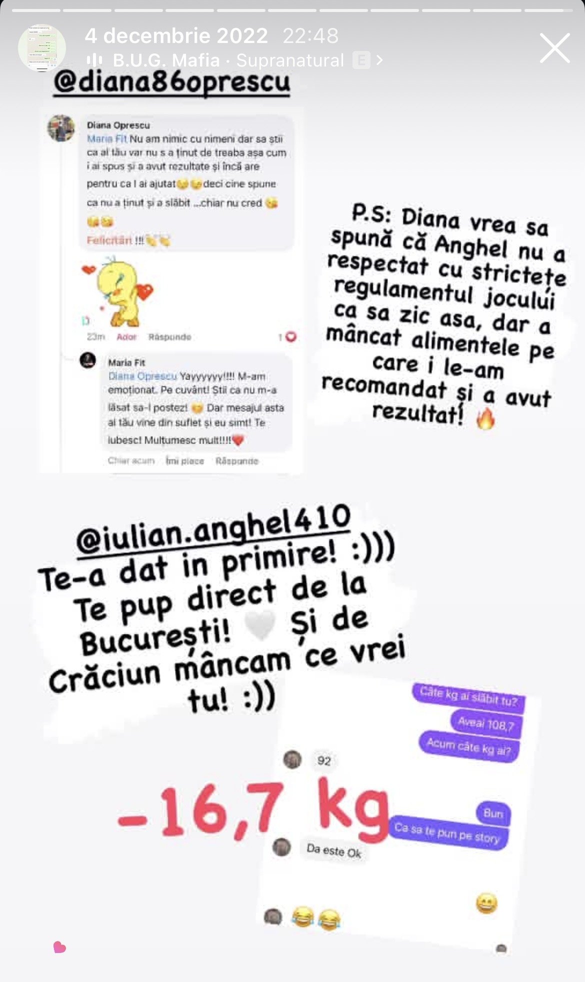 A collage of a social media conversation in Romanian, featuring messages about weight loss, with a highlighted result of -16.7 kg, and various emojis and written comments.