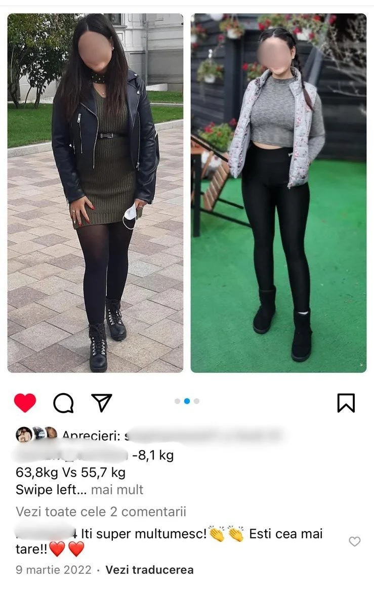 Side-by-side photos of a woman with dark hair, wearing different outfits, standing outdoors on different surfaces. The left photo shows her in a black leather jacket, a green dress, black tights, and black boots. The right photo shows her in a gray cropped sweater, a light patterned jacket, black leggings, and black shoes.