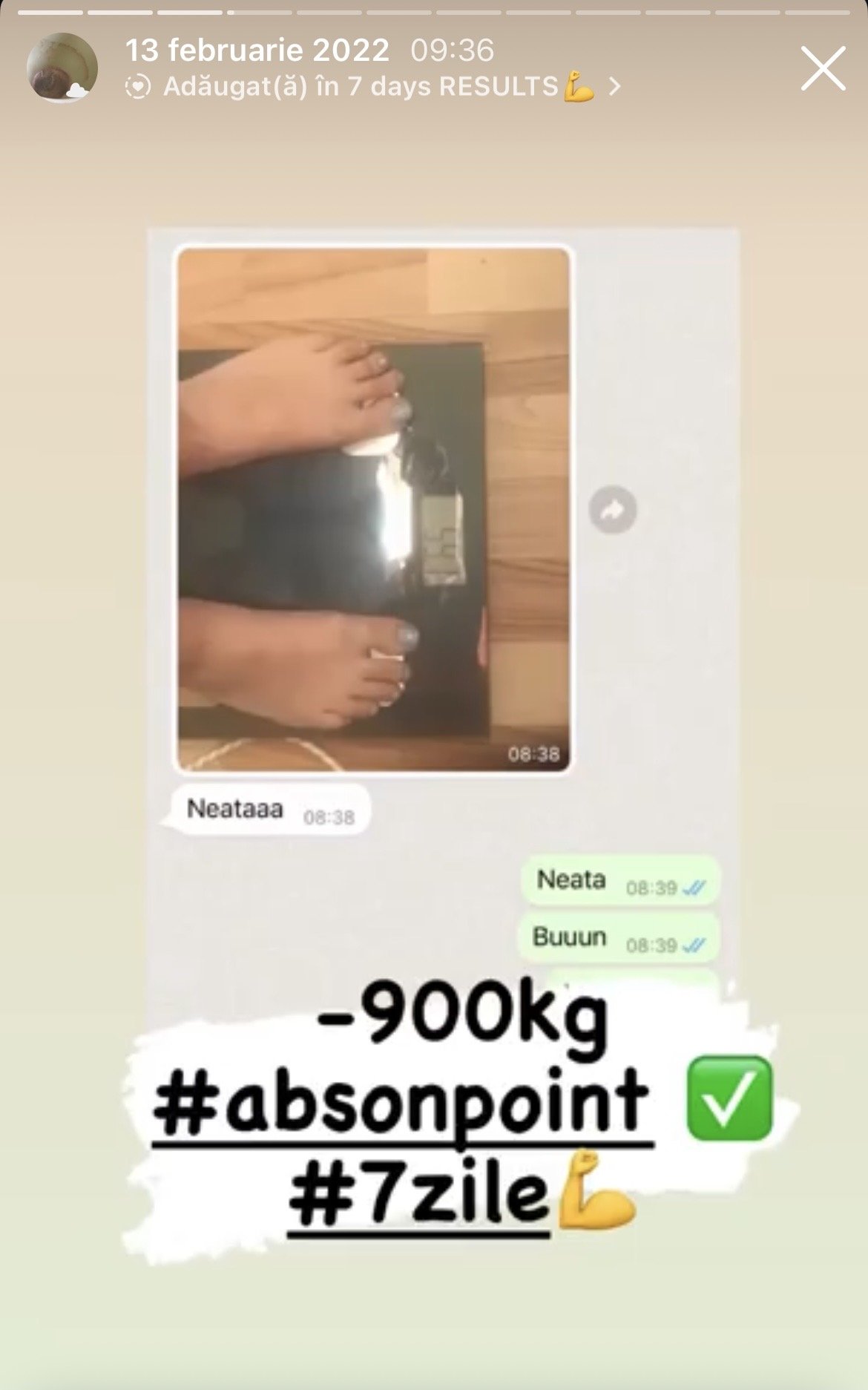 A screenshot of a WhatsApp conversation showing a person standing on a black digital scale. The message says, 'Neataaa,' and another person replies, 'Neata,' and 'Buuun.' There is overlaid text with fitness goals: '-90kg,' '#absonpoint,' '#7zile,' an