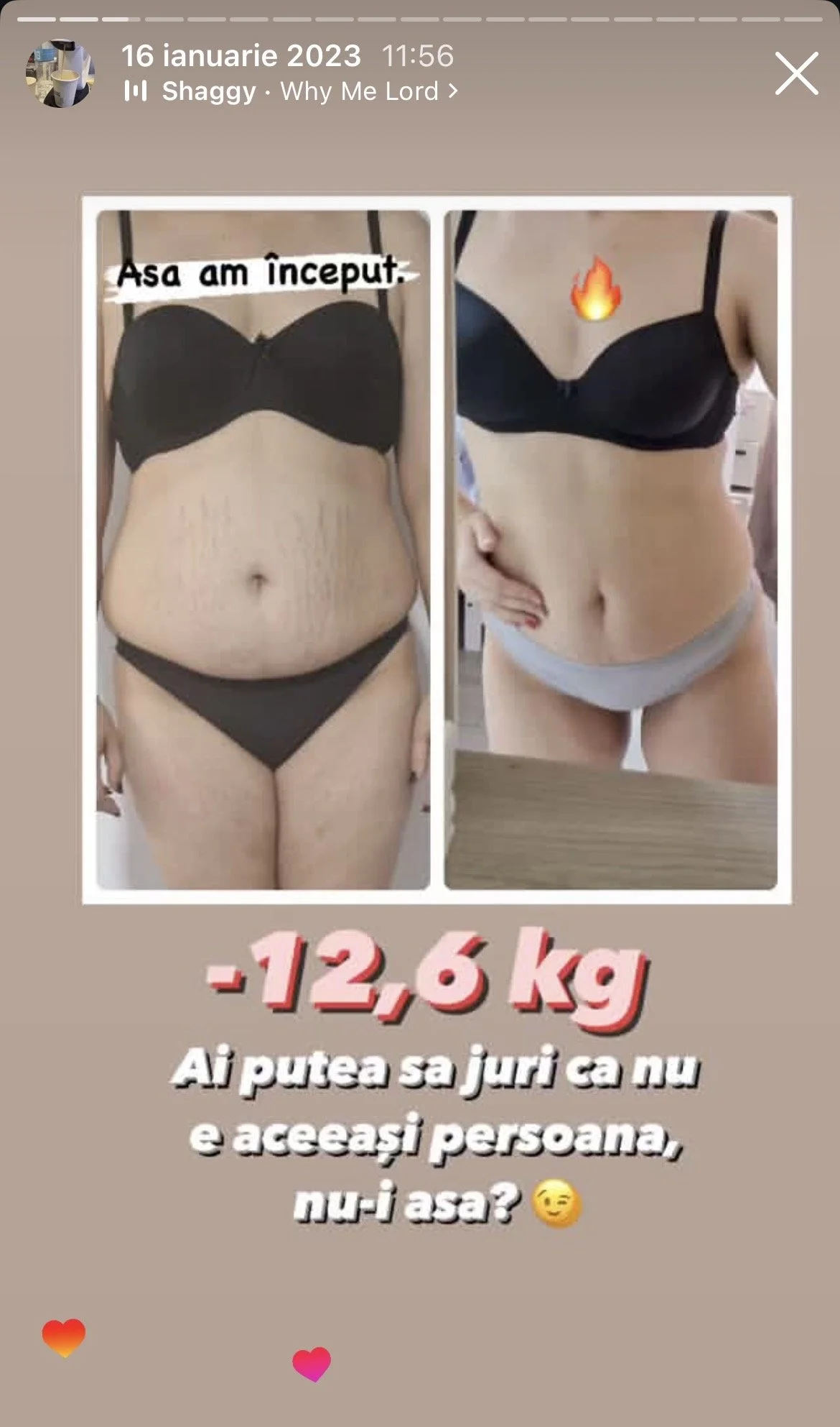 Side-by-side comparison of a woman's torso before and after weight loss, showing a reduction of 12.6 kilograms. The woman is dressed in black and gray underwear in both photos, with the before photo on the left and the after photo on the right. Text 