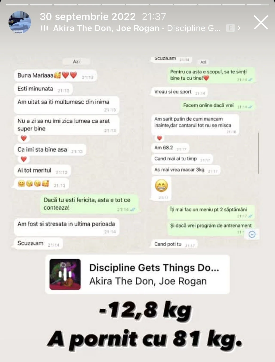 Screenshot of a chat conversation in Romanian about fitness progress, with a collage of messages, and a caption indicating a weight loss of 12.8 kg, with a final weight of 81 kg.