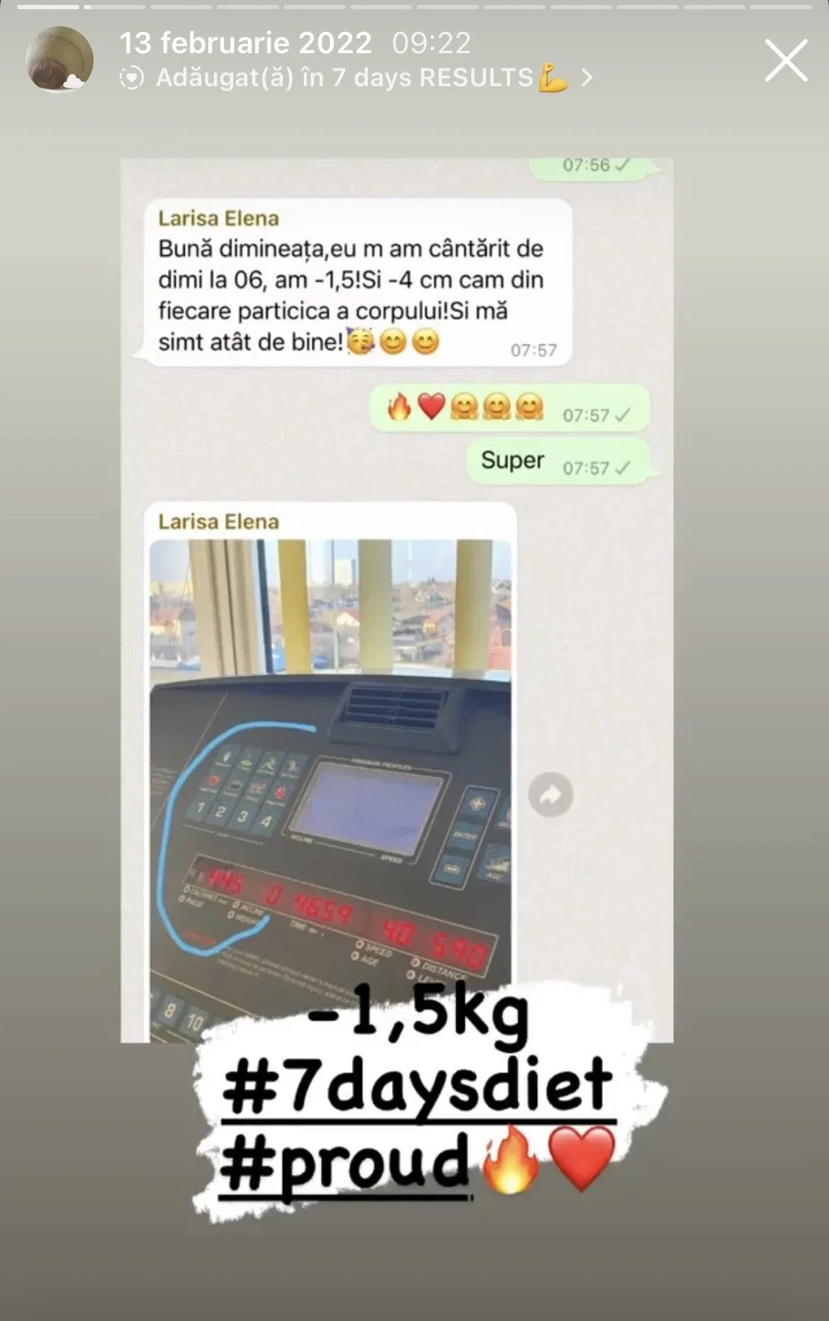 Screenshot of a WhatsApp conversation from February 13, 2022, where a person named Larisa Elena shares a photo of a treadmill console showing a weight loss of 1.5 kg, with celebratory hashtags and emojis indicating pride in a 7-day diet progress.