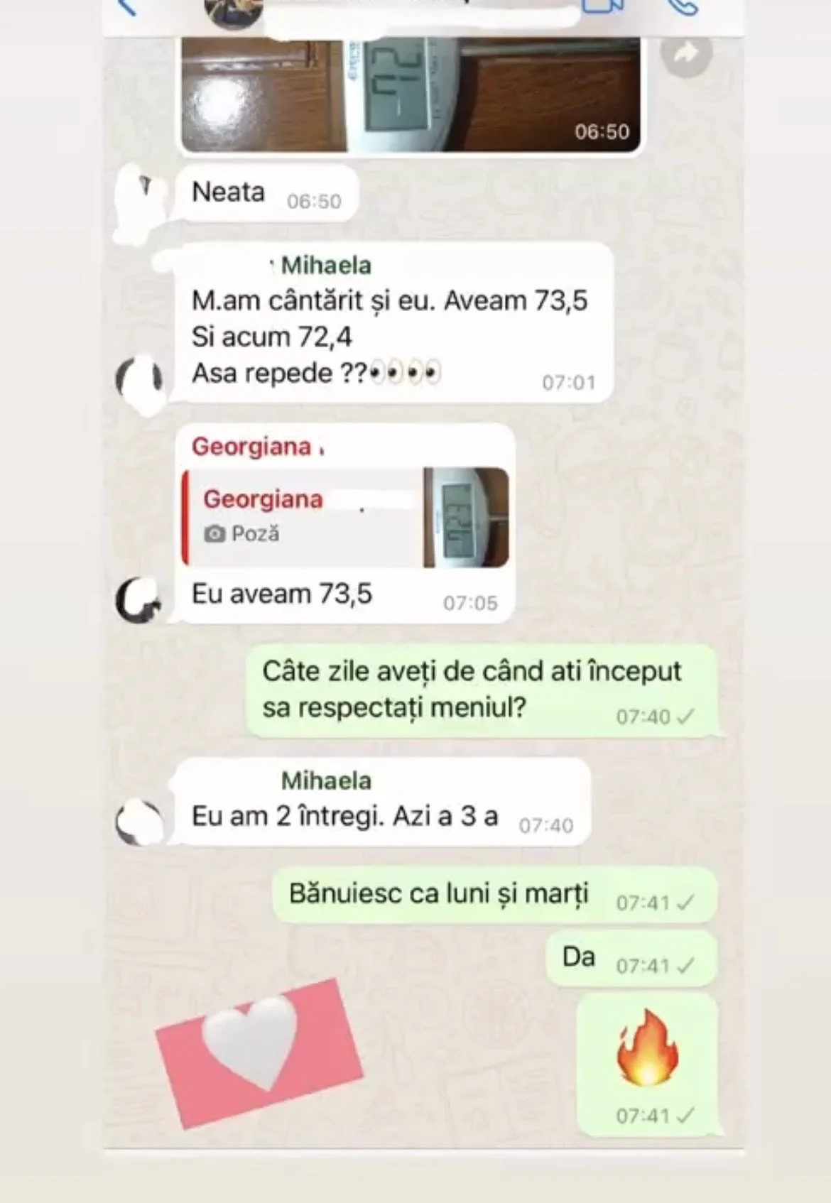 WhatsApp conversation with text and images, showing a digital scale and weight measurements, with messages in Romanian discussing weight updates and gratitude, and includes a sticker of a red heart with a white heart cutout and a fire emoji.