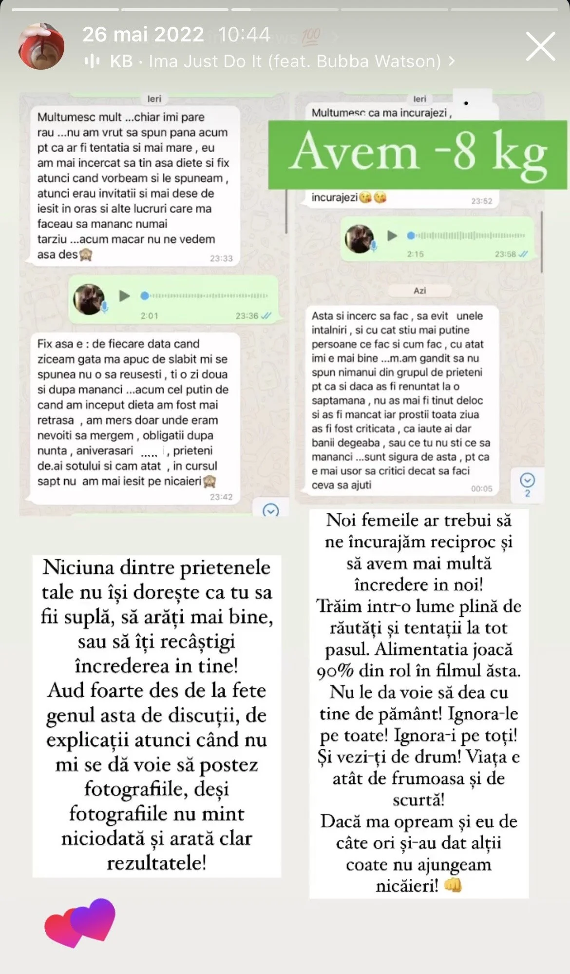 WhatsApp chat showing messages about weight loss, encouragement, and friendship, with a green overlay saying 'Avem -8 kg' and a voice message icon.
