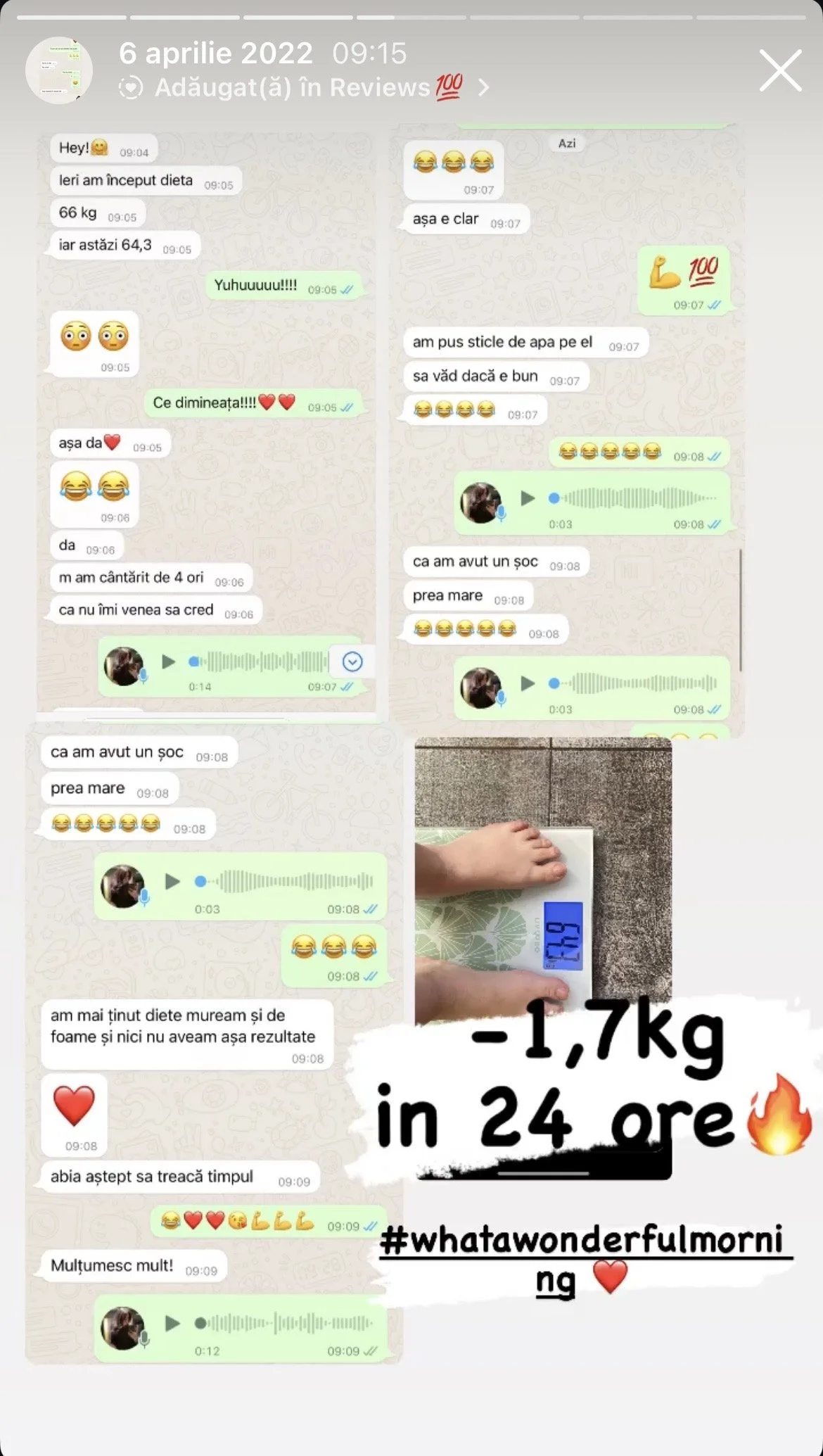 A weight scale showing 73.3 kg, a person's feet on the scale, and handwritten text indicating a weight loss of 1.7 kg in 24 hours, along with hashtags and emojis.
