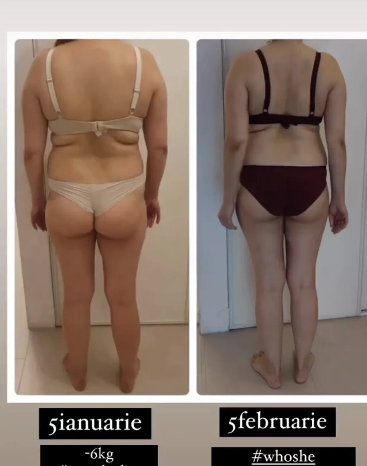 Comparison of a woman's back before and after weight loss, showing reduction in body size, labeled with dates '5 ianuarie' and '5 februarie', and weight loss of 6kg.