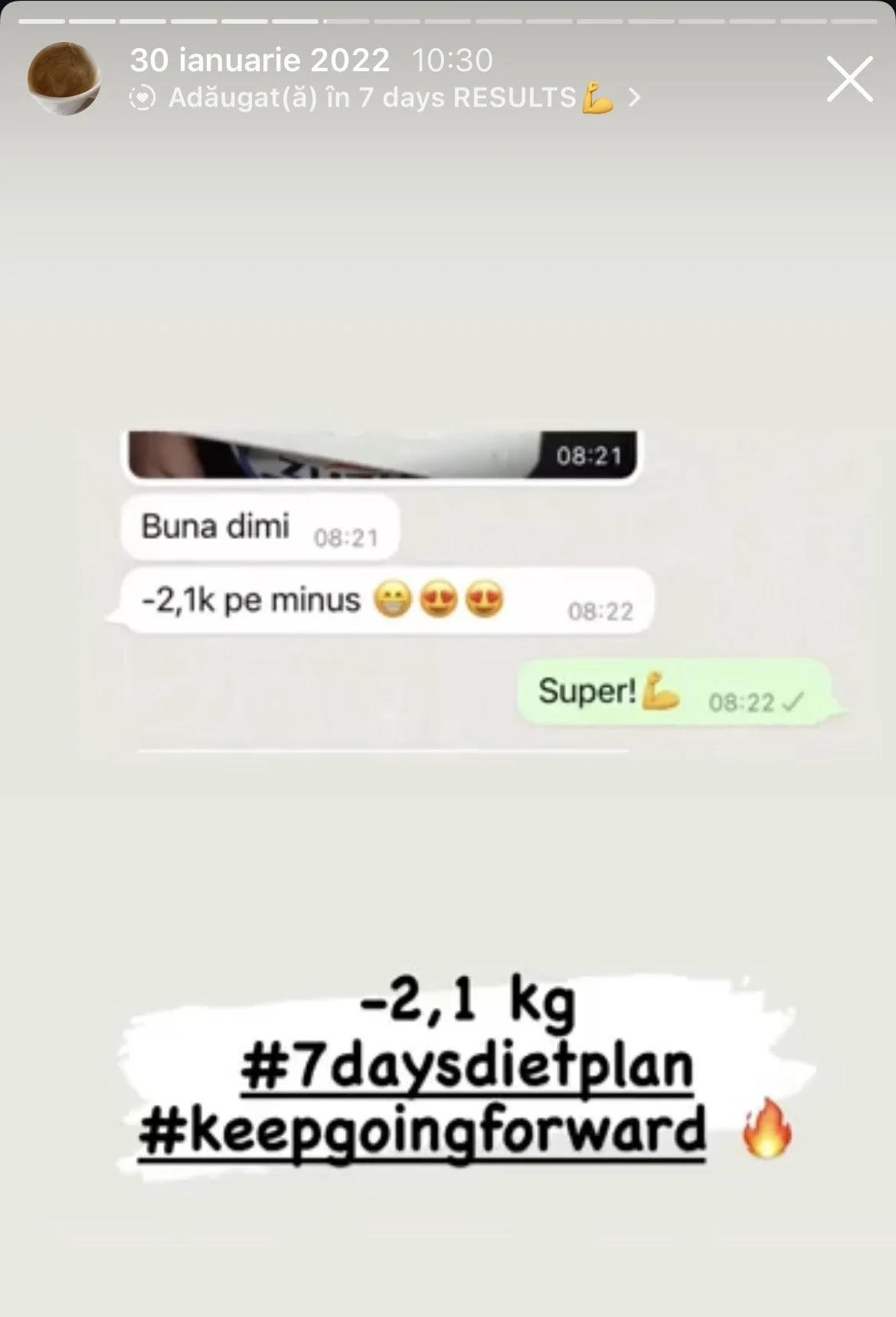 Screenshot of a WhatsApp chat showing a message with weight loss progress, noting a decrease of 2.1 kg over 7 days, along with hashtags #7daysdietplan and #keepgoingforward and motivational emojis.