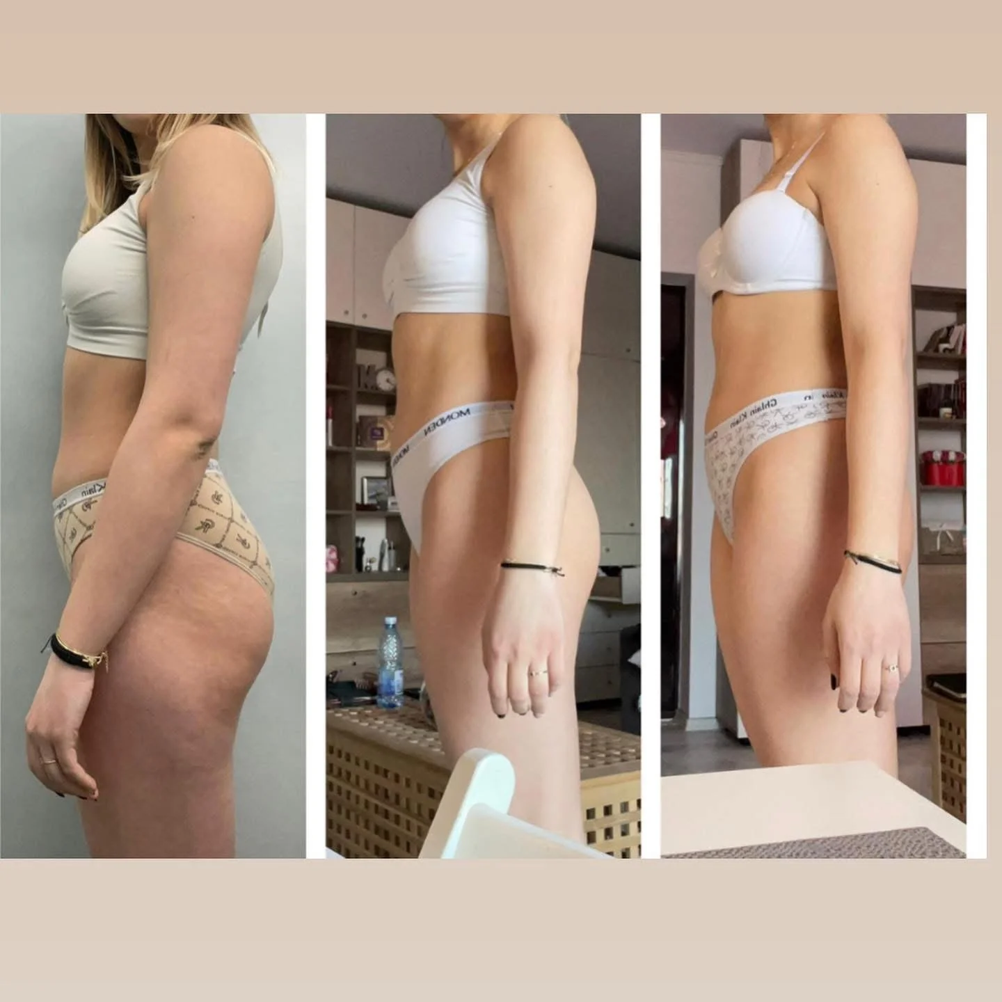 Side view of a woman in underwear and white top, showing her body transformation in three stages. The first image shows her with looser skin and cellulite, the second shows her with a slightly more toned body, and the third shows her with a more tone