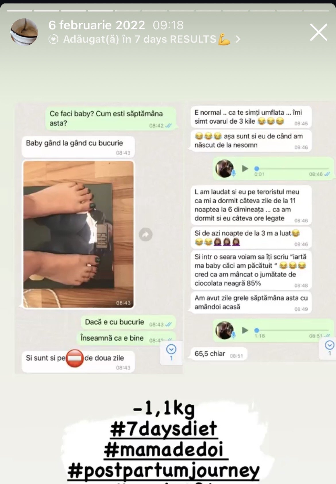 Chat conversation in Romanian about weight loss progress, including a photo of feet on a weighing scale, and text indicating a weight loss of 1.1 kg after a week, with hashtags about diet and postpartum journey.