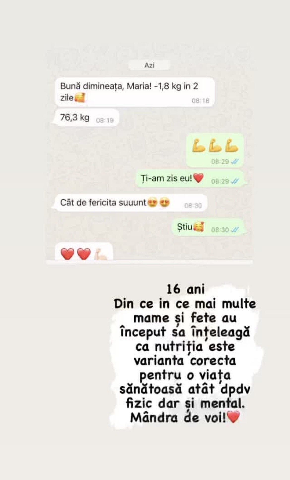 A screenshot of a WhatsApp conversation about weight loss, showing messages with emojis and a note celebrating a 16th birthday with a message about understanding nutrition and health.
