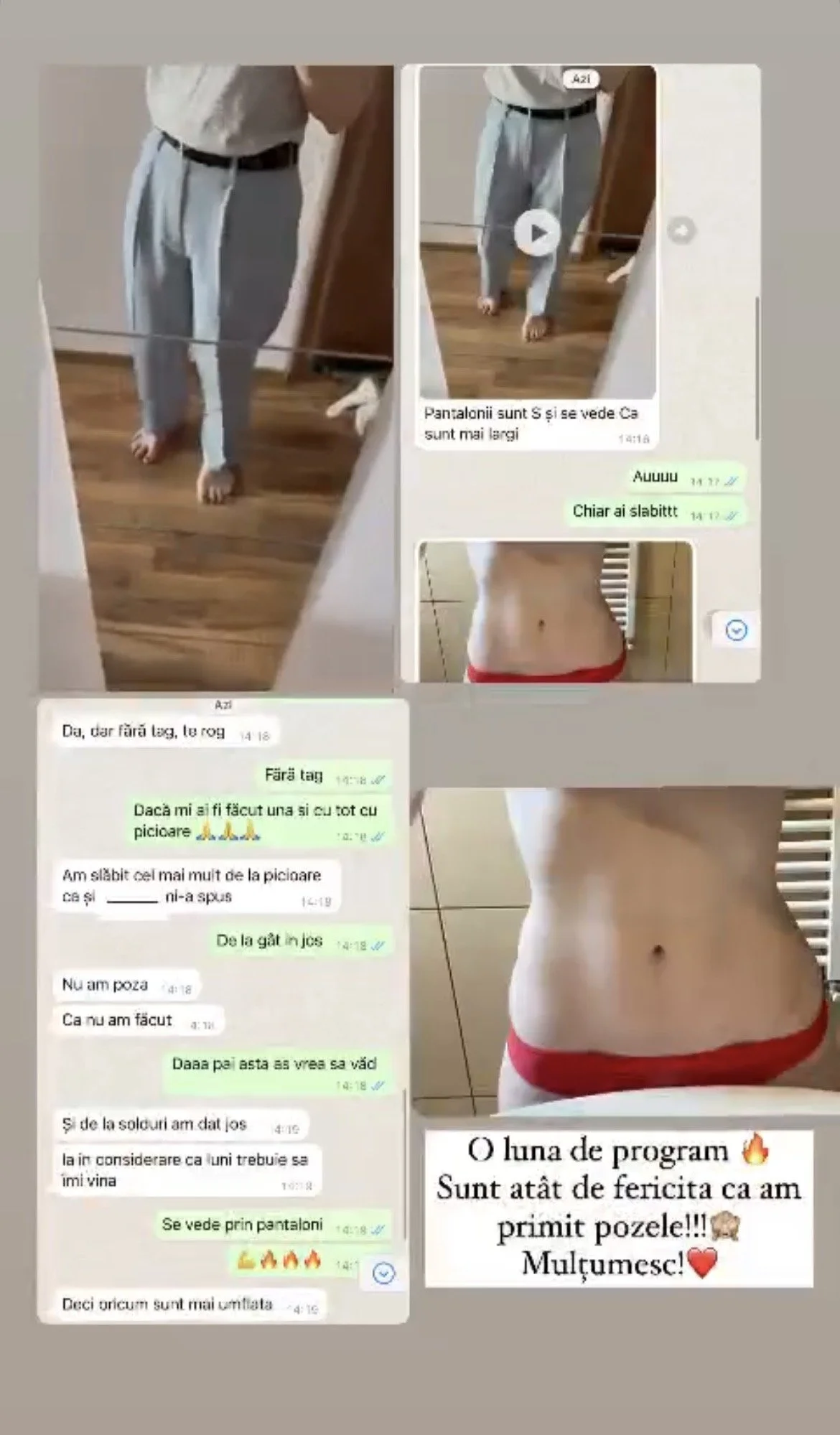 Screenshot of a WhatsApp conversation with photos showing a person in sweatpants and a toned abdomen, celebrating a month of a fitness program.