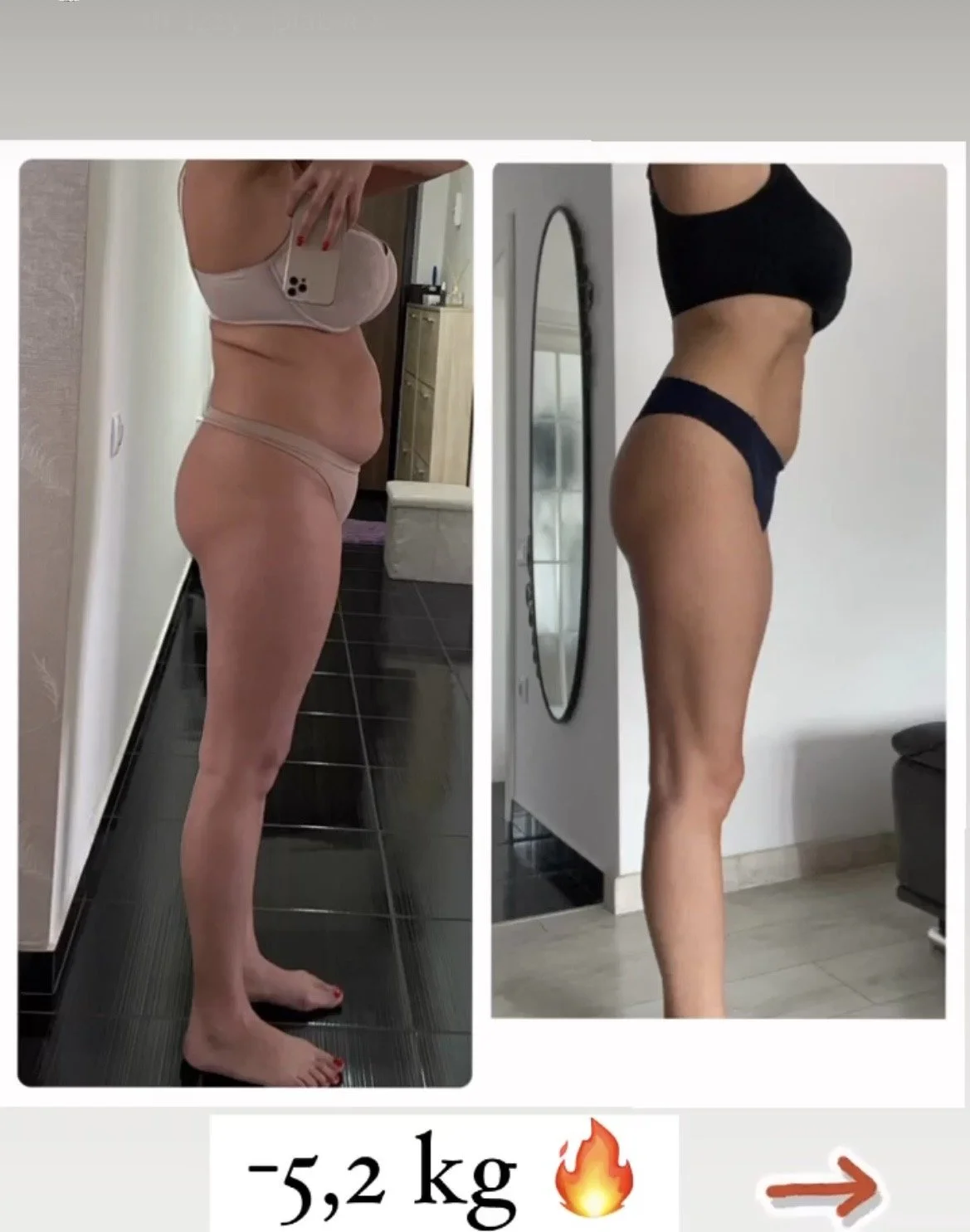 Side-by-side before and after photos of a woman's body showing weight loss of 5.2 kg, with the woman in workout clothes in each image.
