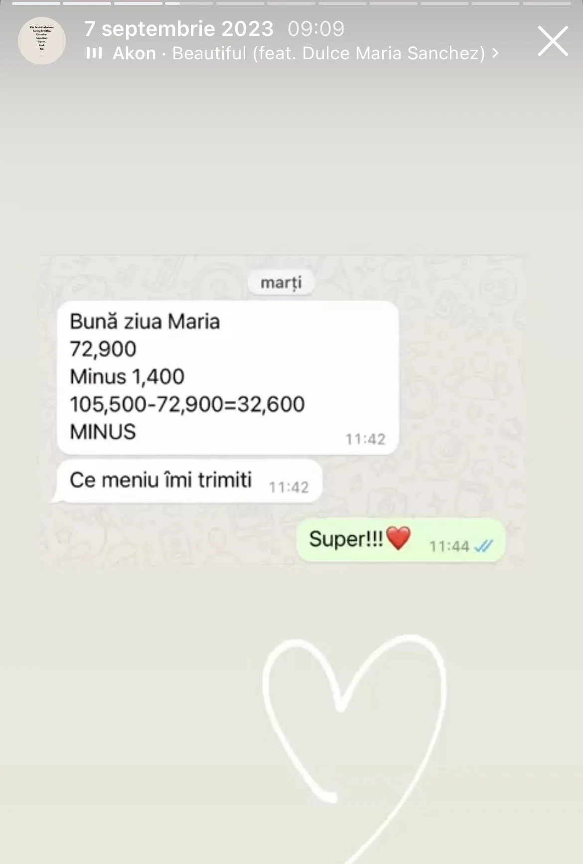 Screenshot of a WhatsApp chat in Romanian showing a mathematical calculation for Maria's age, and a message congratulating someone with a heart emoji. The background has a faint white heart drawing.