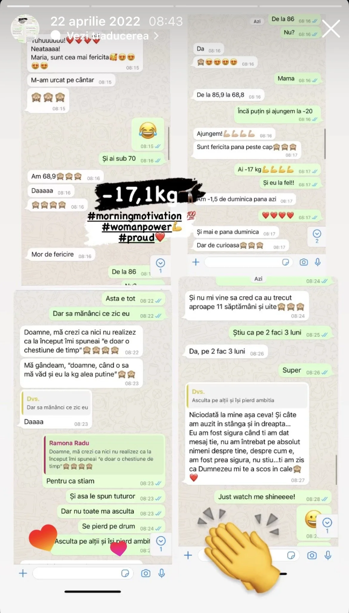 Screenshot of a WhatsApp conversation in Romanian showing weight loss progress, motivational hashtags, and emojis, with a prominent overlay message indicating a weight loss of 17.1 kg.