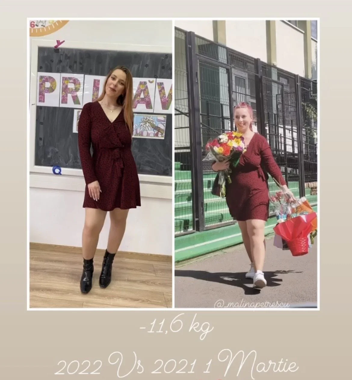 Side-by-side photos of a woman before and after weight loss, holding flowers in the second. The first photo shows her indoors with a chalkboard background, and the second outdoors near a fence and sports field. Text indicates a weight loss of 11.6 kg
