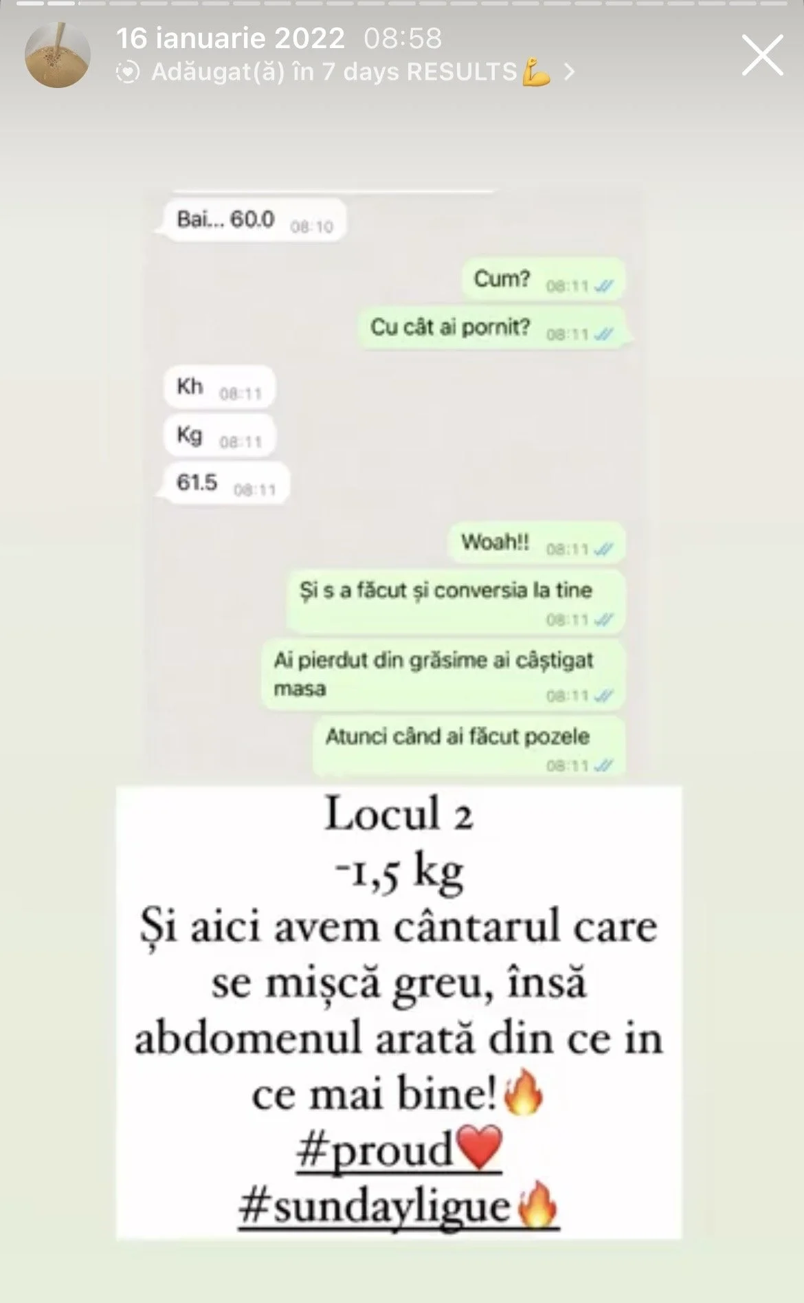 WhatsApp chat conversation about weight loss results, showing initial weight of 61.5 kg, with a message celebrating losing 1.5 kg. The chat follows with a note in Romanian describing belly fat and mentioning pride and a fitness journey.