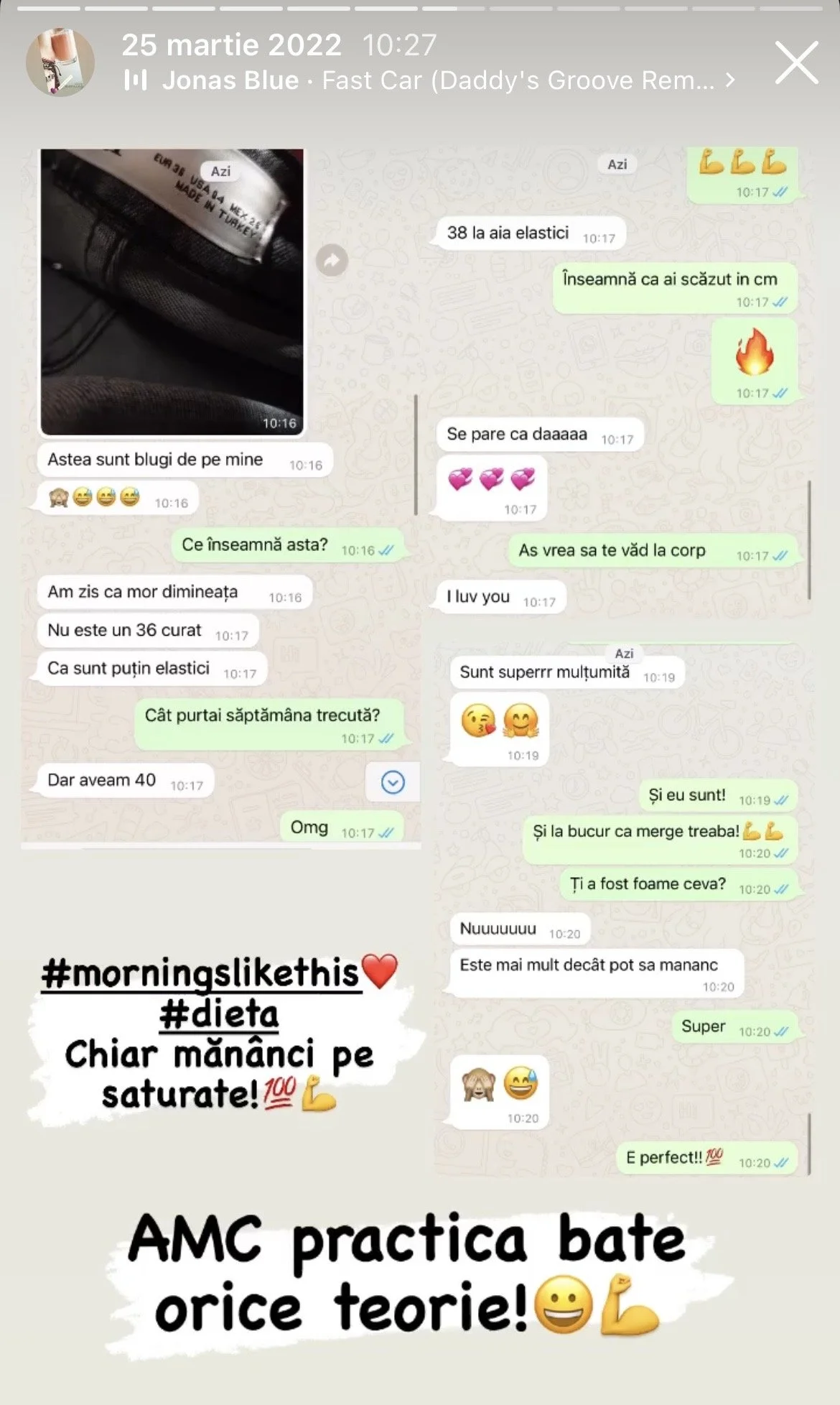 WhatsApp conversation in Romanian discussing workout progress with photos of gym clothing, flexing emojis, and motivational messages about diet and training.