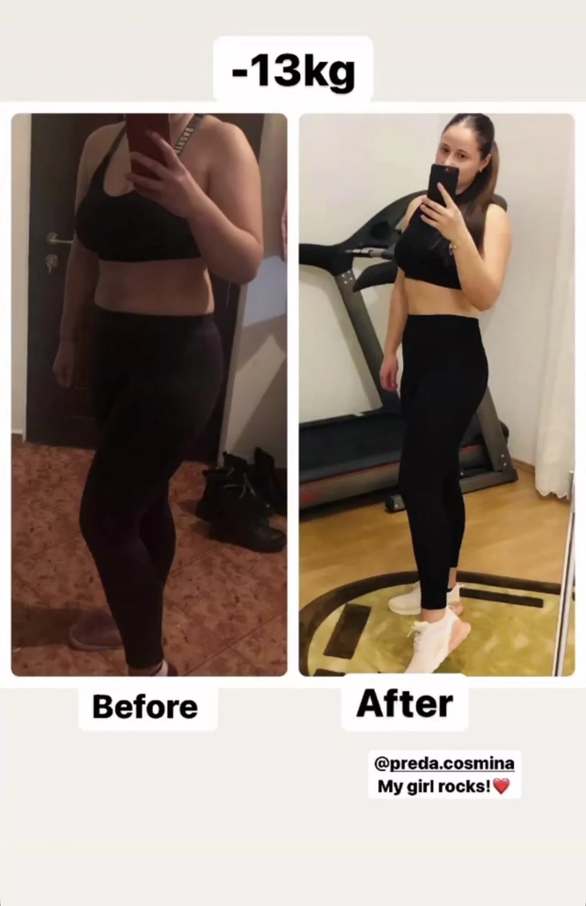 Side-by-side before and after photos of a woman showing a weight loss of 13 kilograms. In the before photo, she is wearing a black sports bra and leggings with a darker room background. In the after photo, she is wearing the same black outfit, standi