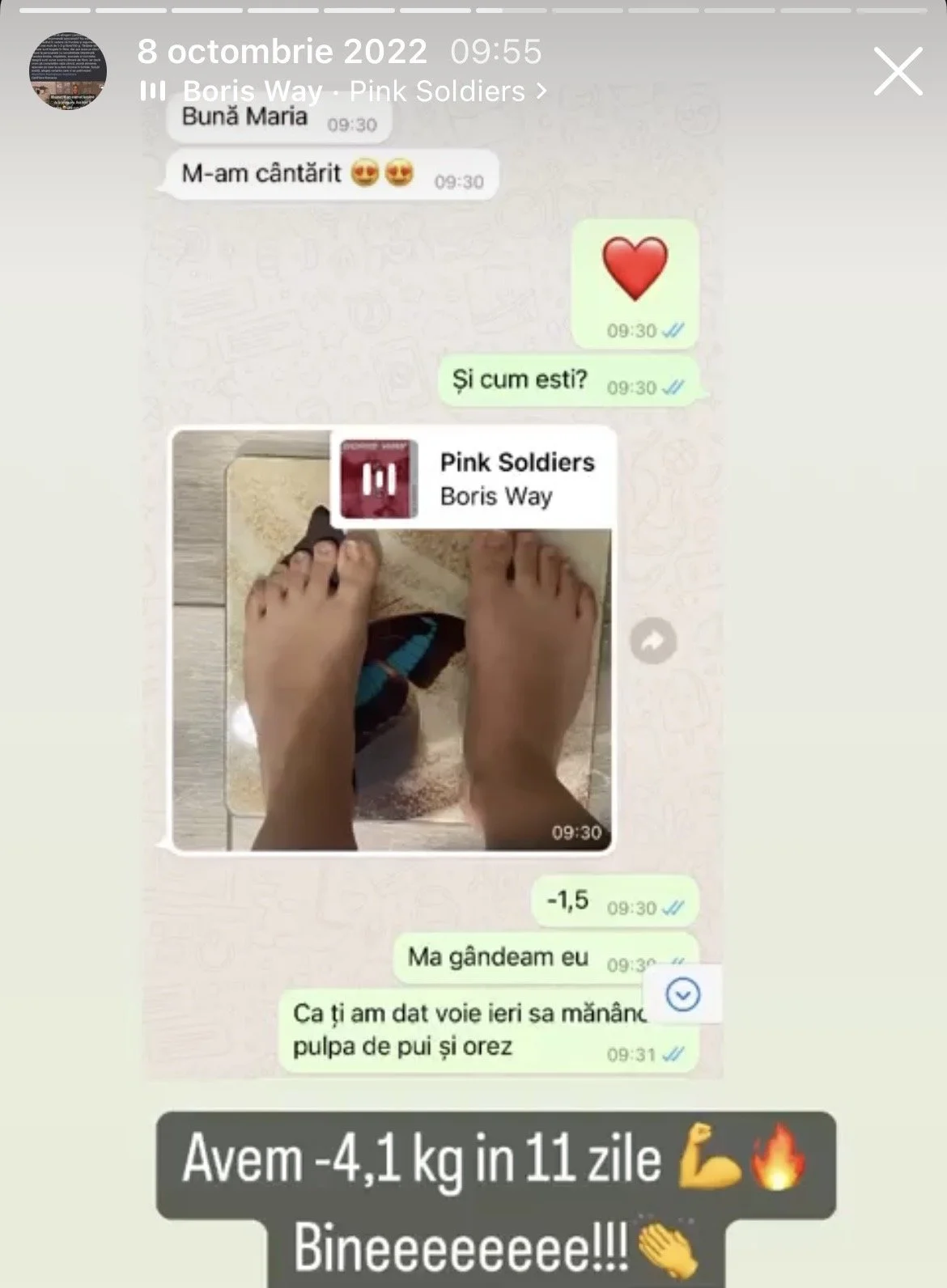 A WhatsApp chat screenshot showing a conversation in Romanian about weight loss, including a photo of feet on a scale, and a message celebrating losing 4.1 kilograms in 11 days.