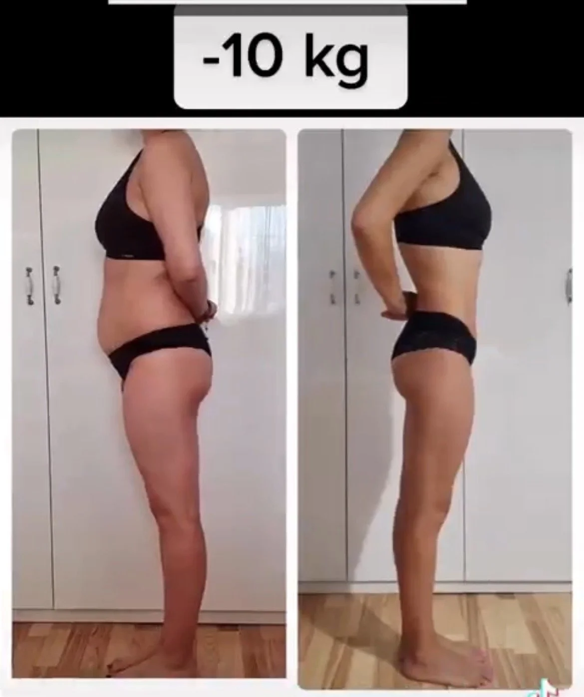 Side-by-side before and after photos of a woman showing weight loss, with a label indicating a loss of 10 kilograms.